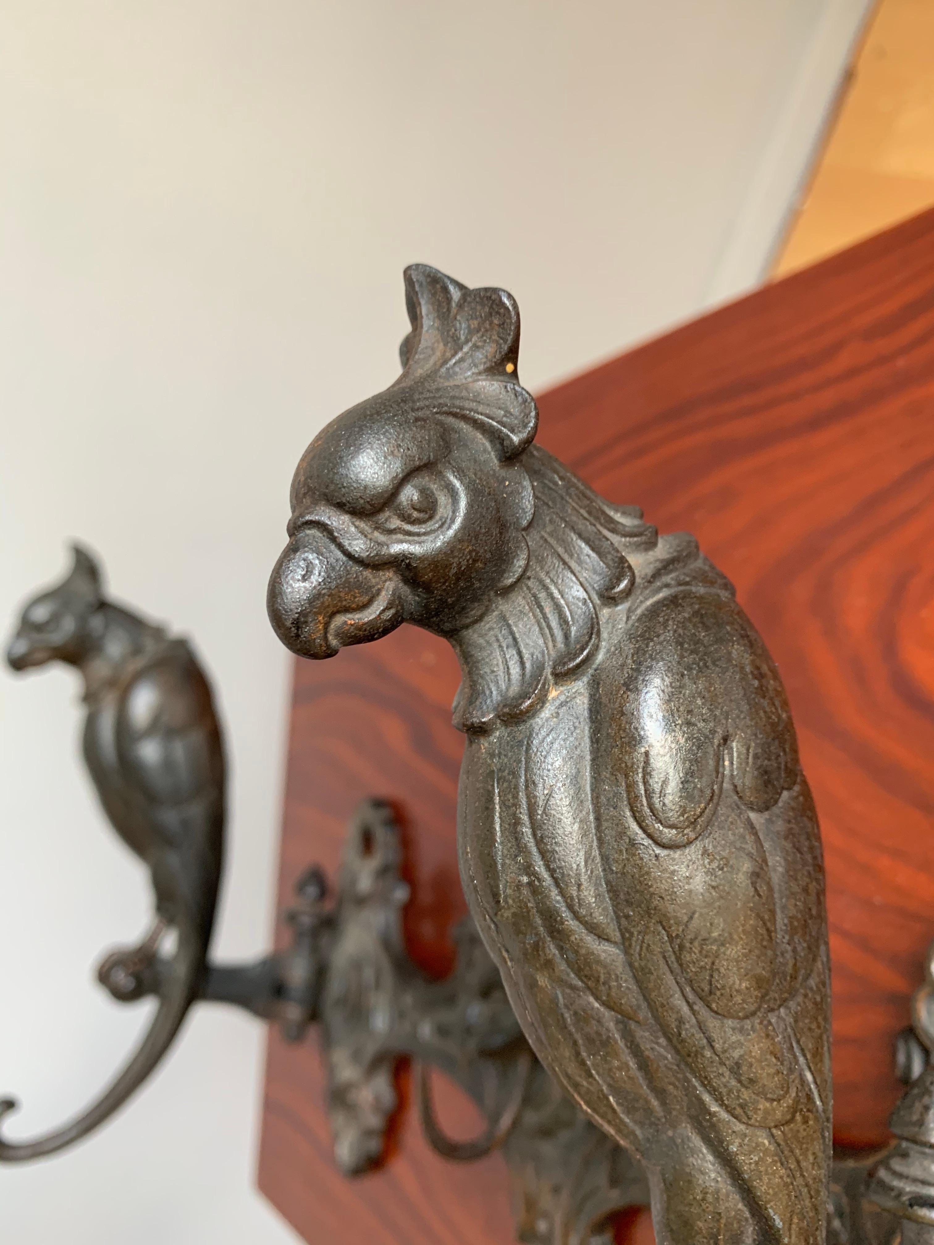 Arts and Crafts Antique Bronzed Iron Wall Key or Coat Rack with Movable Parrot Sculpture Hooks