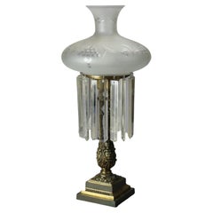Antique Bronzed Metal & Crystal Figural Astral Lamp circa 1900