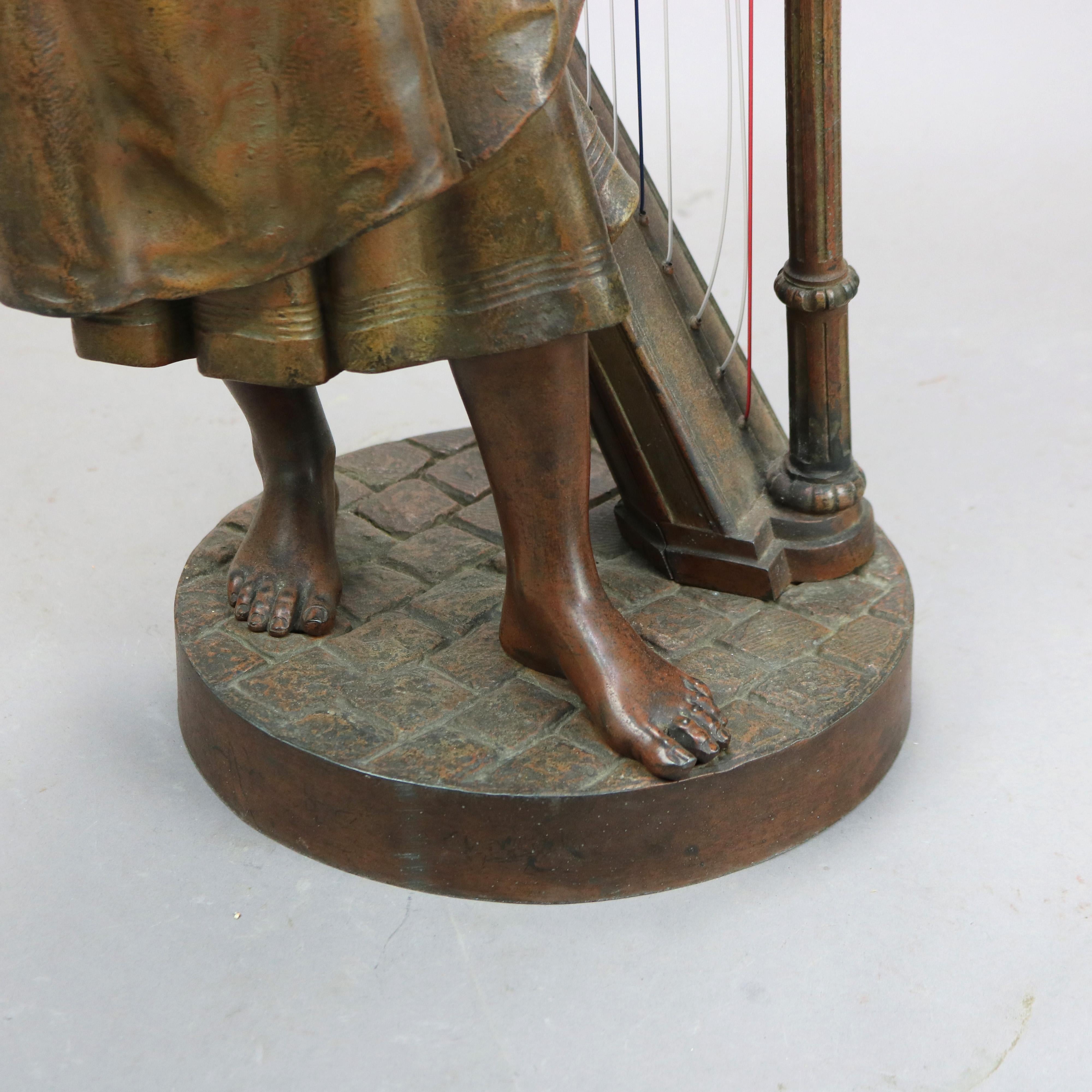 Antique Bronzed Metal Sculpture of Woman with a Harp, 19th C 5