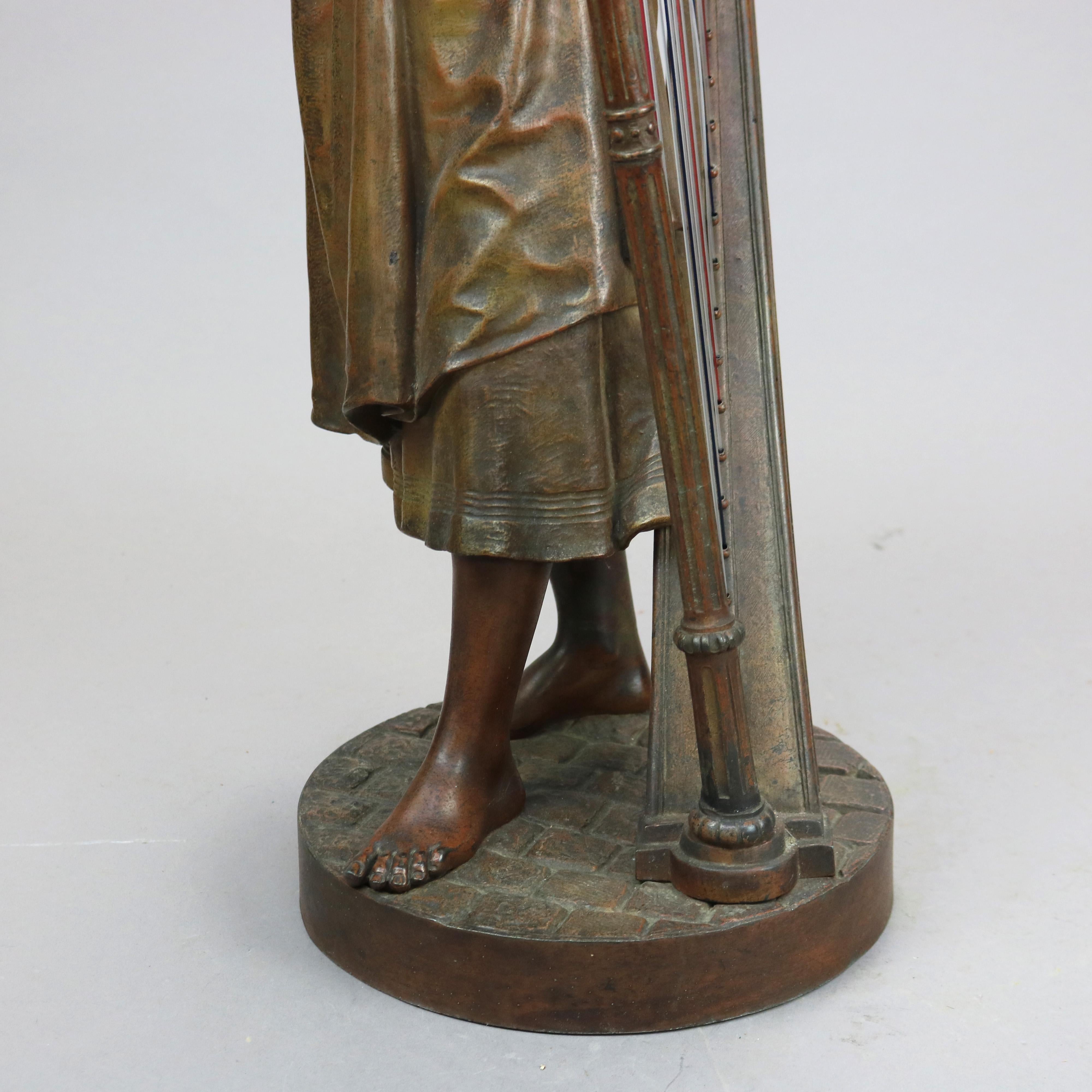 Antique Bronzed Metal Sculpture of Woman with a Harp, 19th C 6