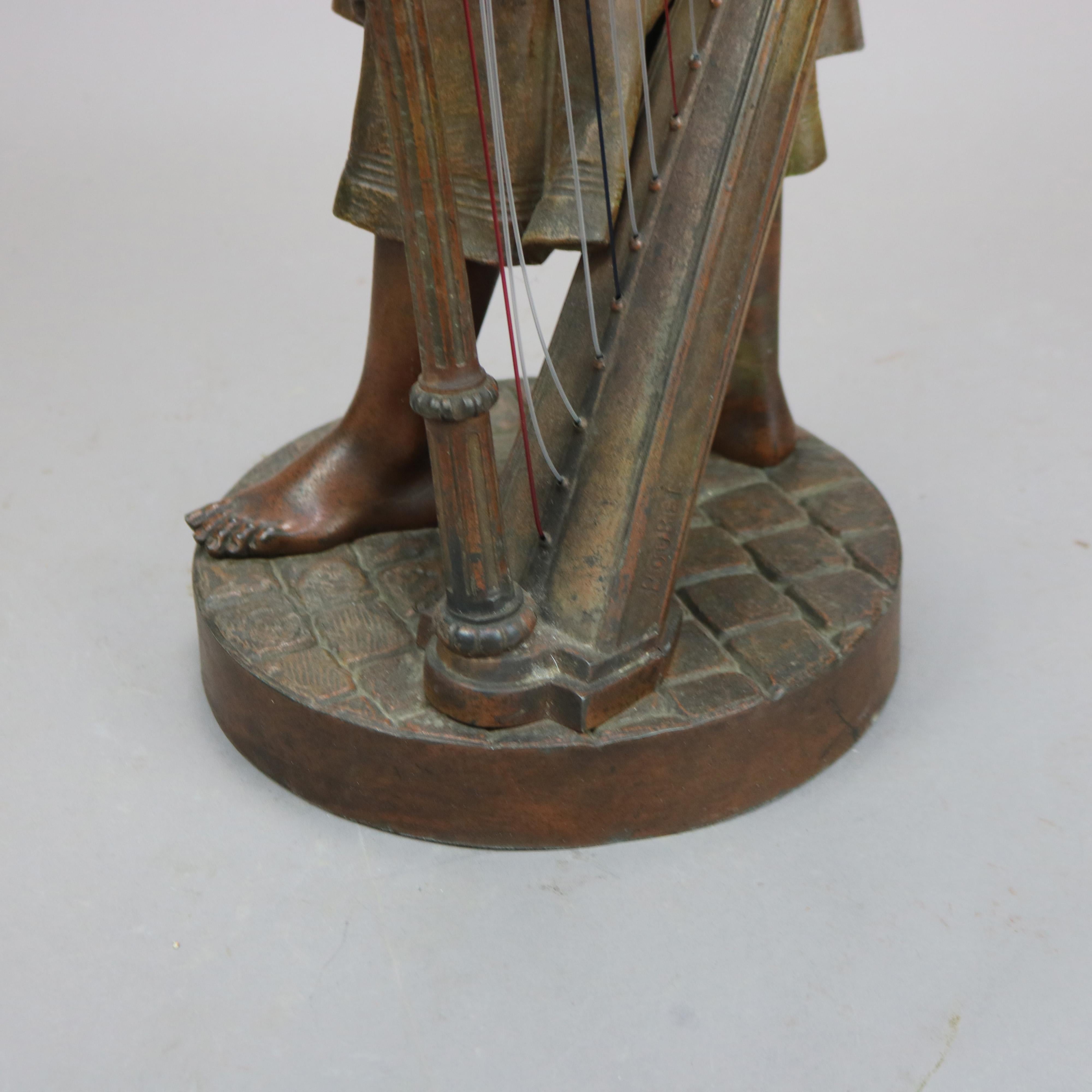 Antique Bronzed Metal Sculpture of Woman with a Harp, 19th C 7