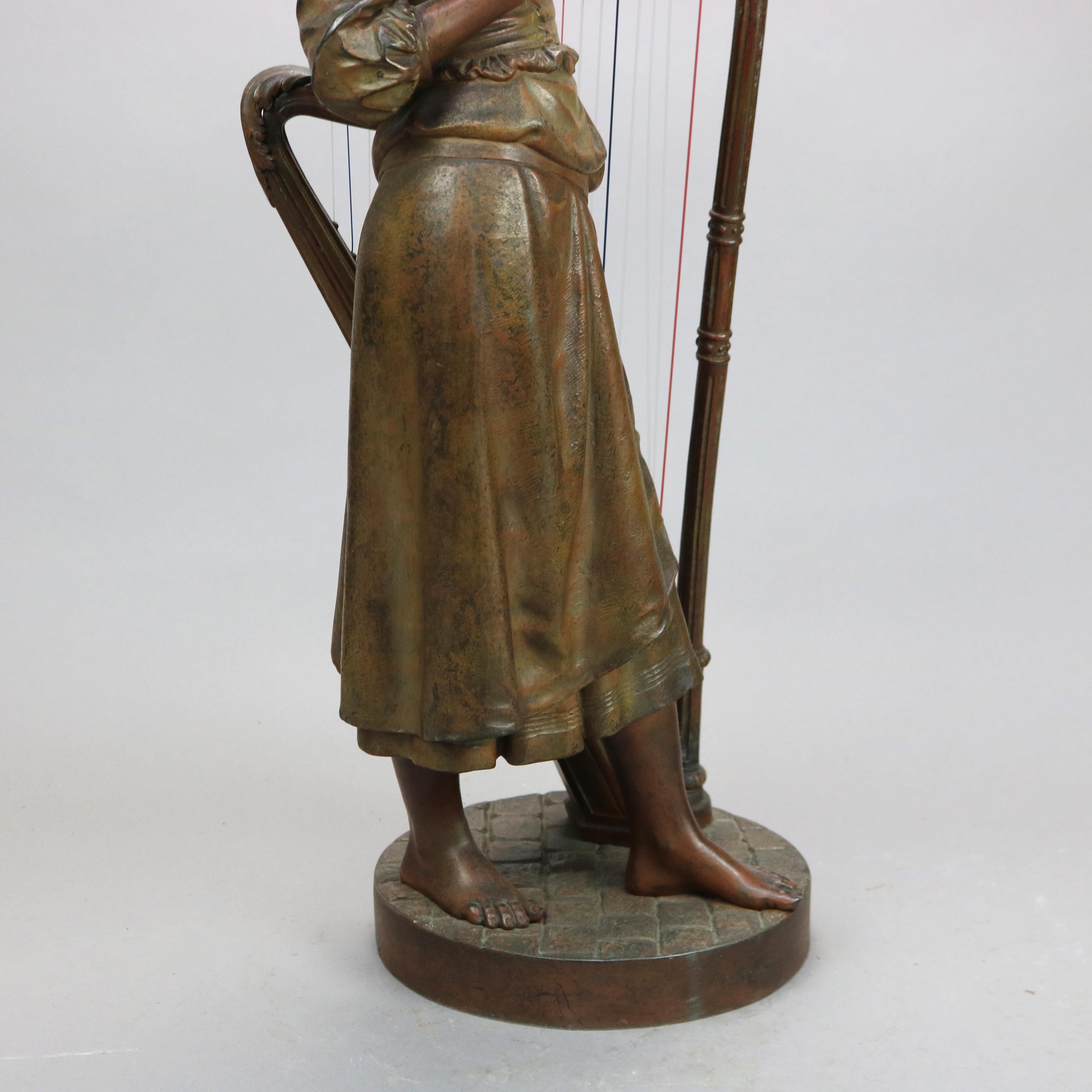 Antique Bronzed Metal Sculpture of Woman with a Harp, 19th C 8