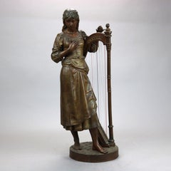 Antique Bronzed Metal Sculpture of Woman with a Harp, 19th C