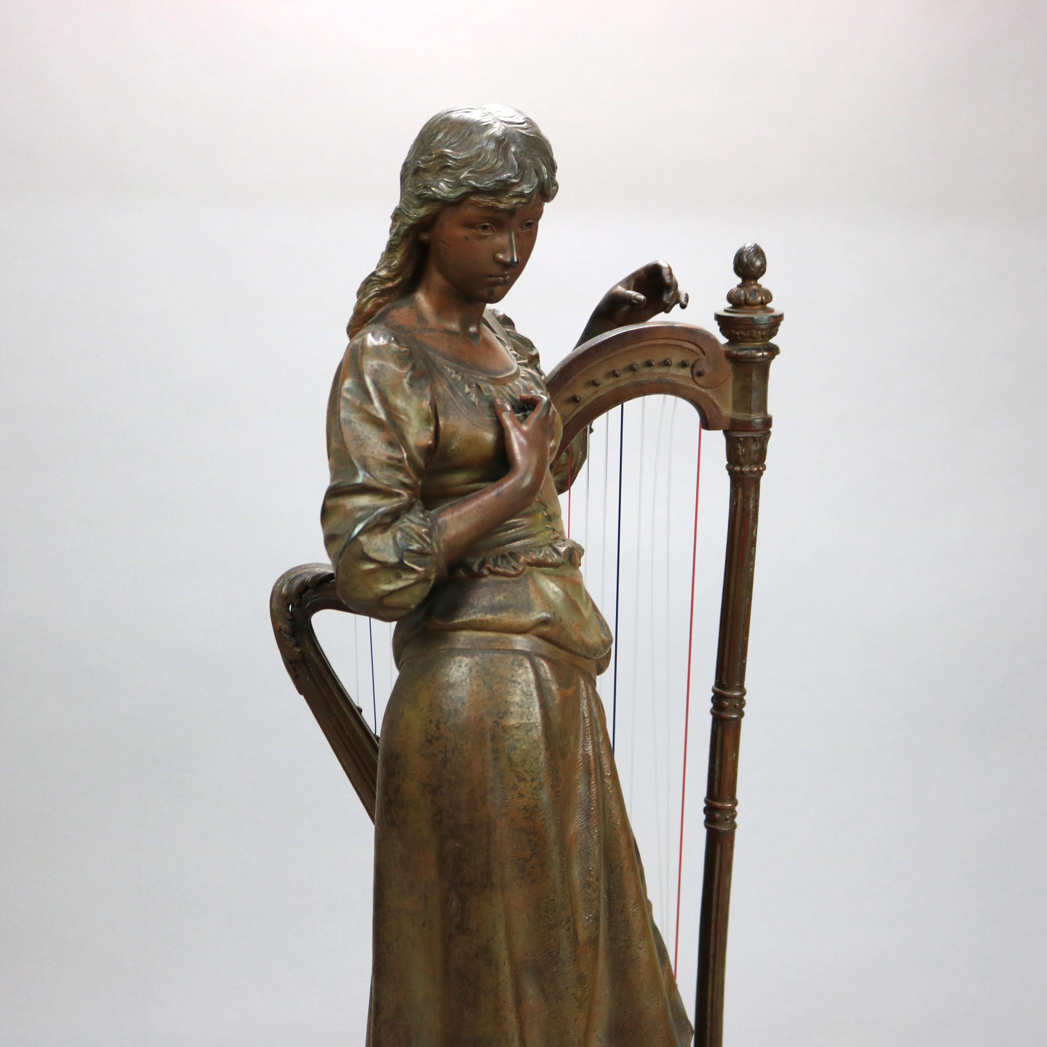 Antique Bronzed Metal Sculpture of Woman with a Harp, 19th C In Good Condition In Big Flats, NY