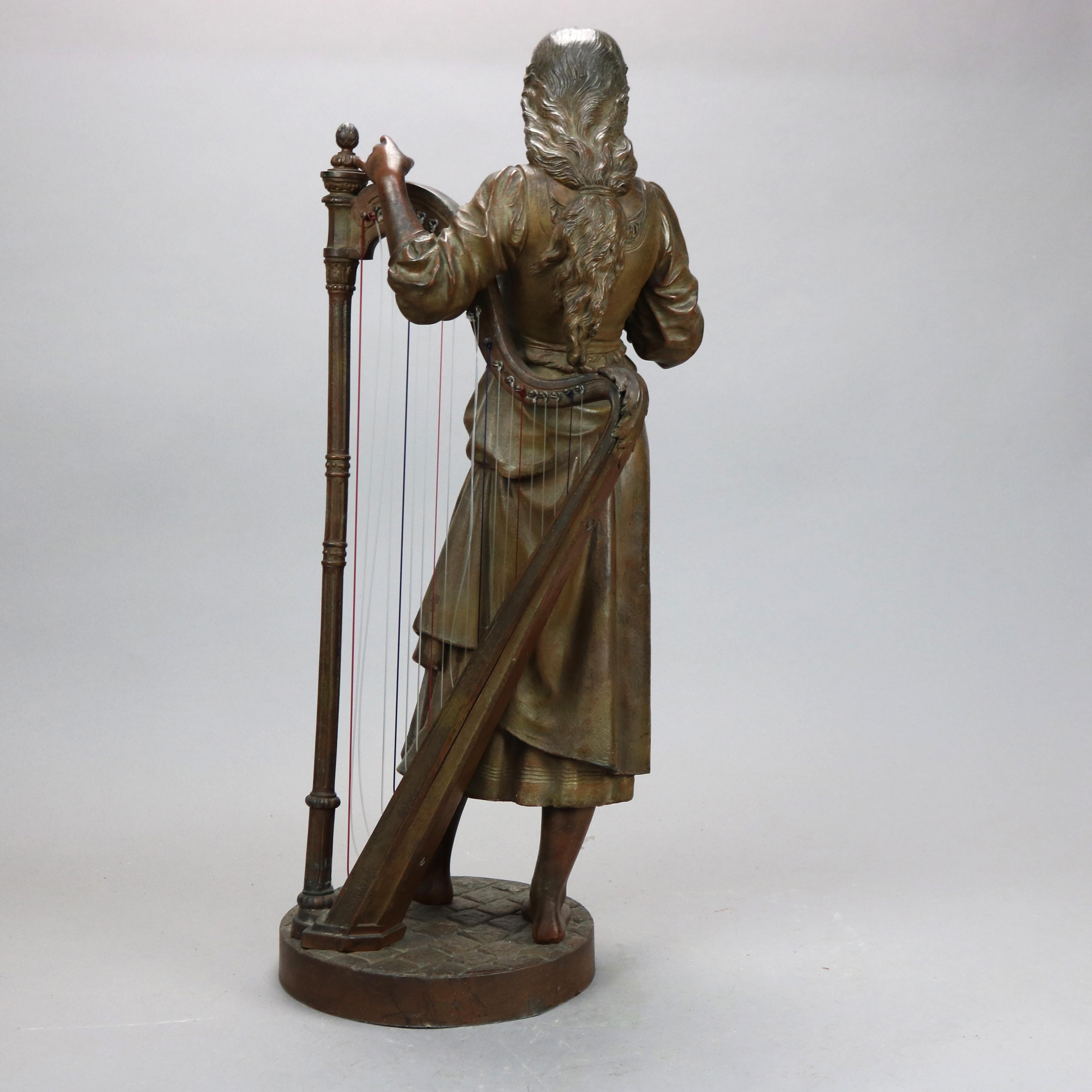 19th Century Antique Bronzed Metal Sculpture of Woman with a Harp, 19th C