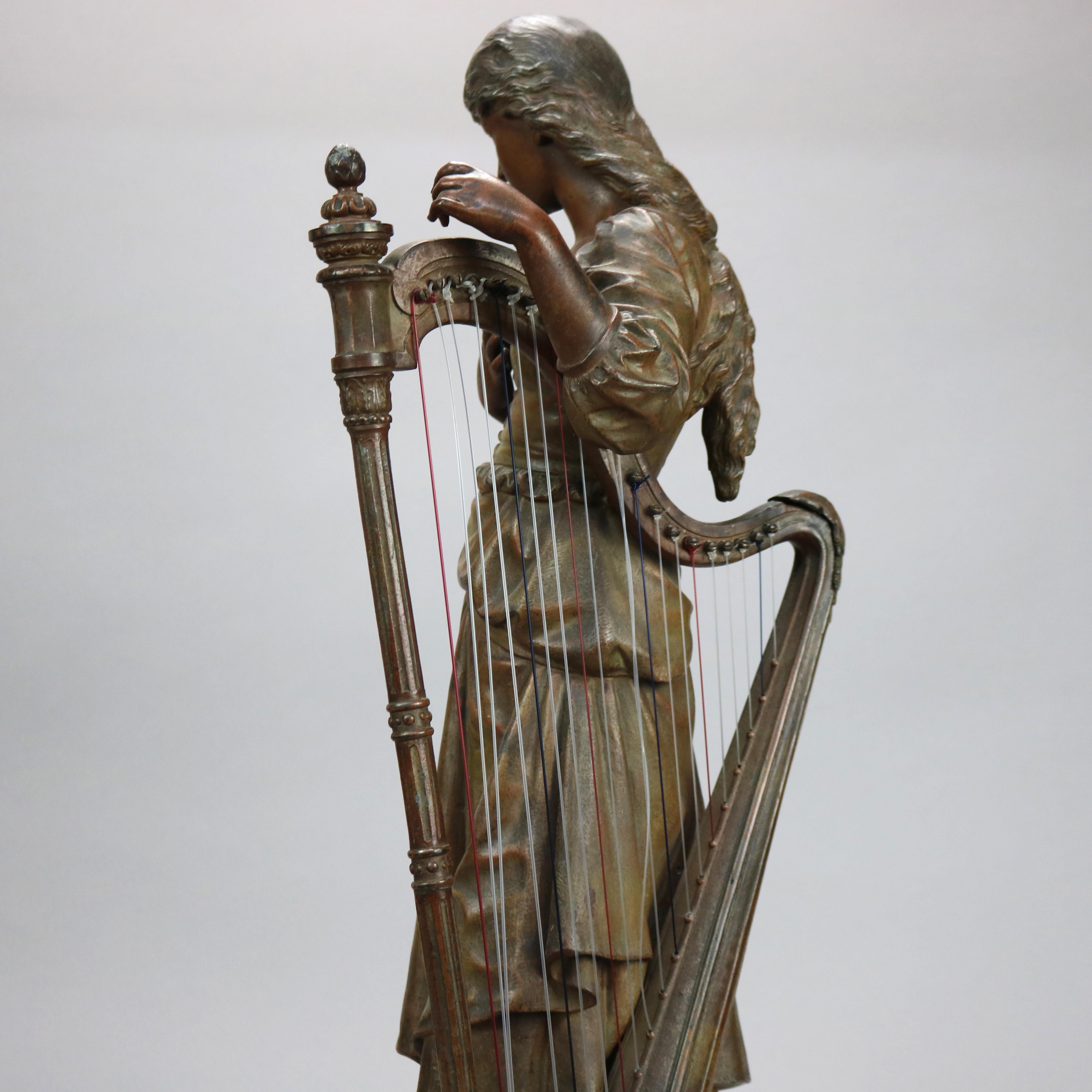 Antique Bronzed Metal Sculpture of Woman with a Harp, 19th C 1