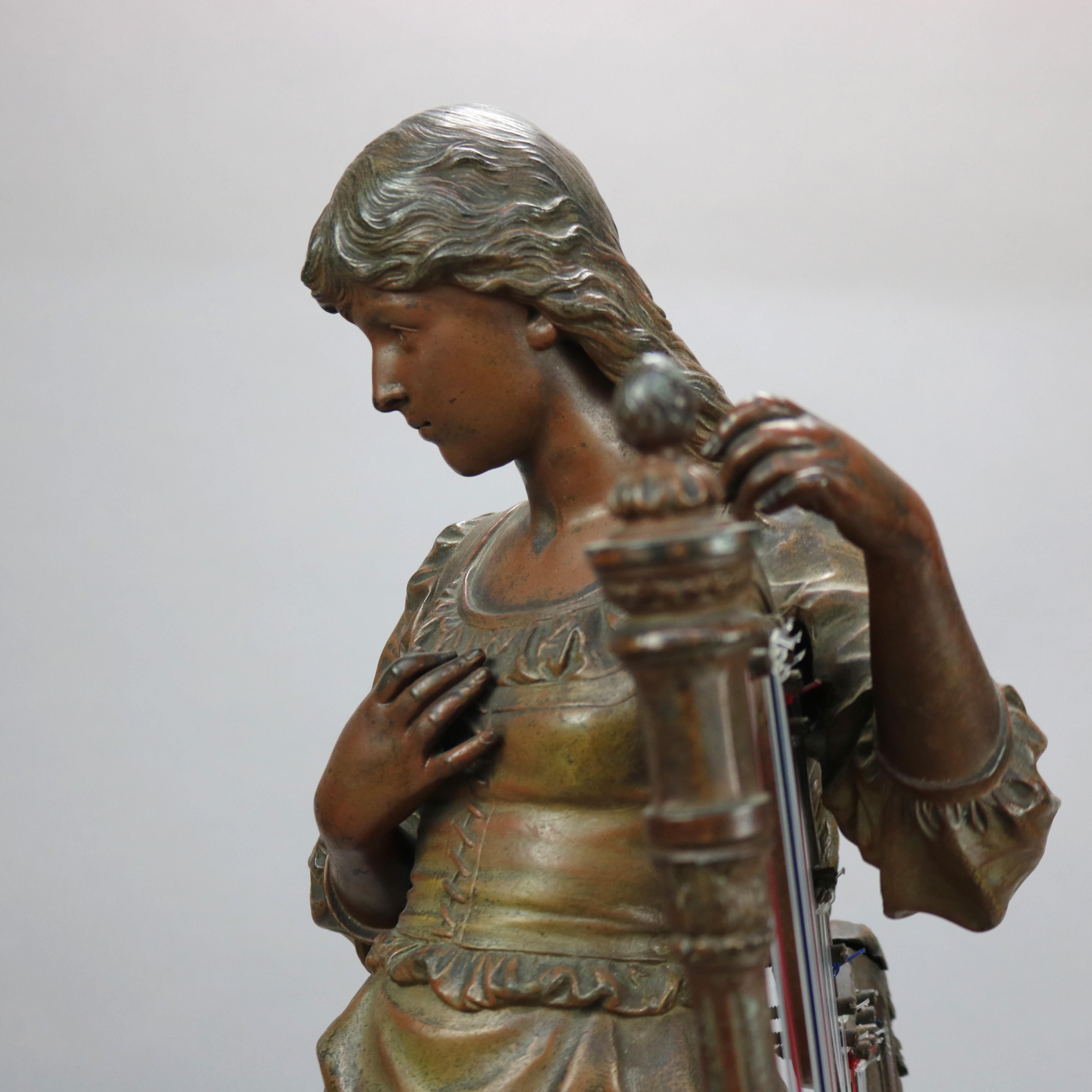 Antique Bronzed Metal Sculpture of Woman with a Harp, 19th C 2