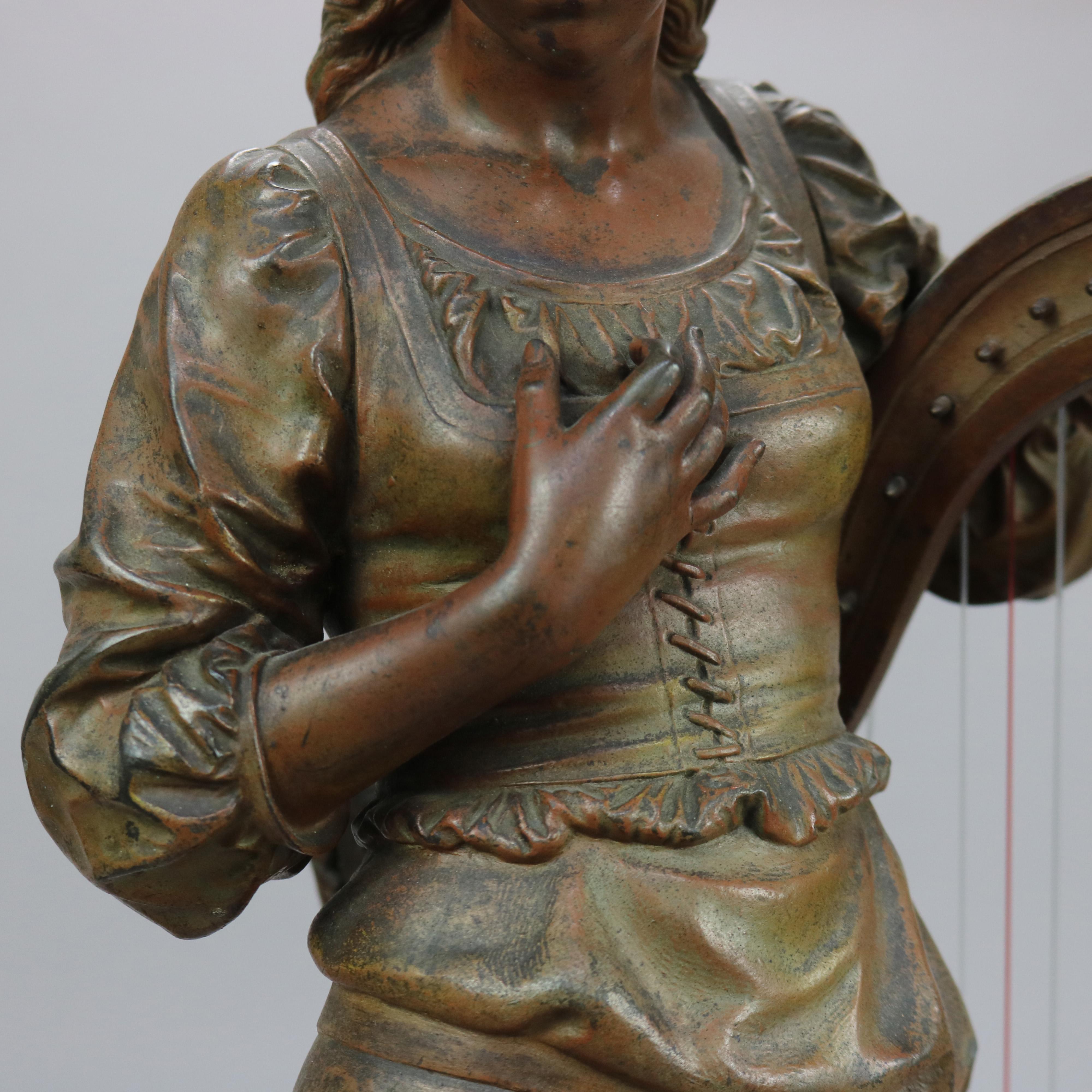 Antique Bronzed Metal Sculpture of Woman with a Harp, 19th C 3