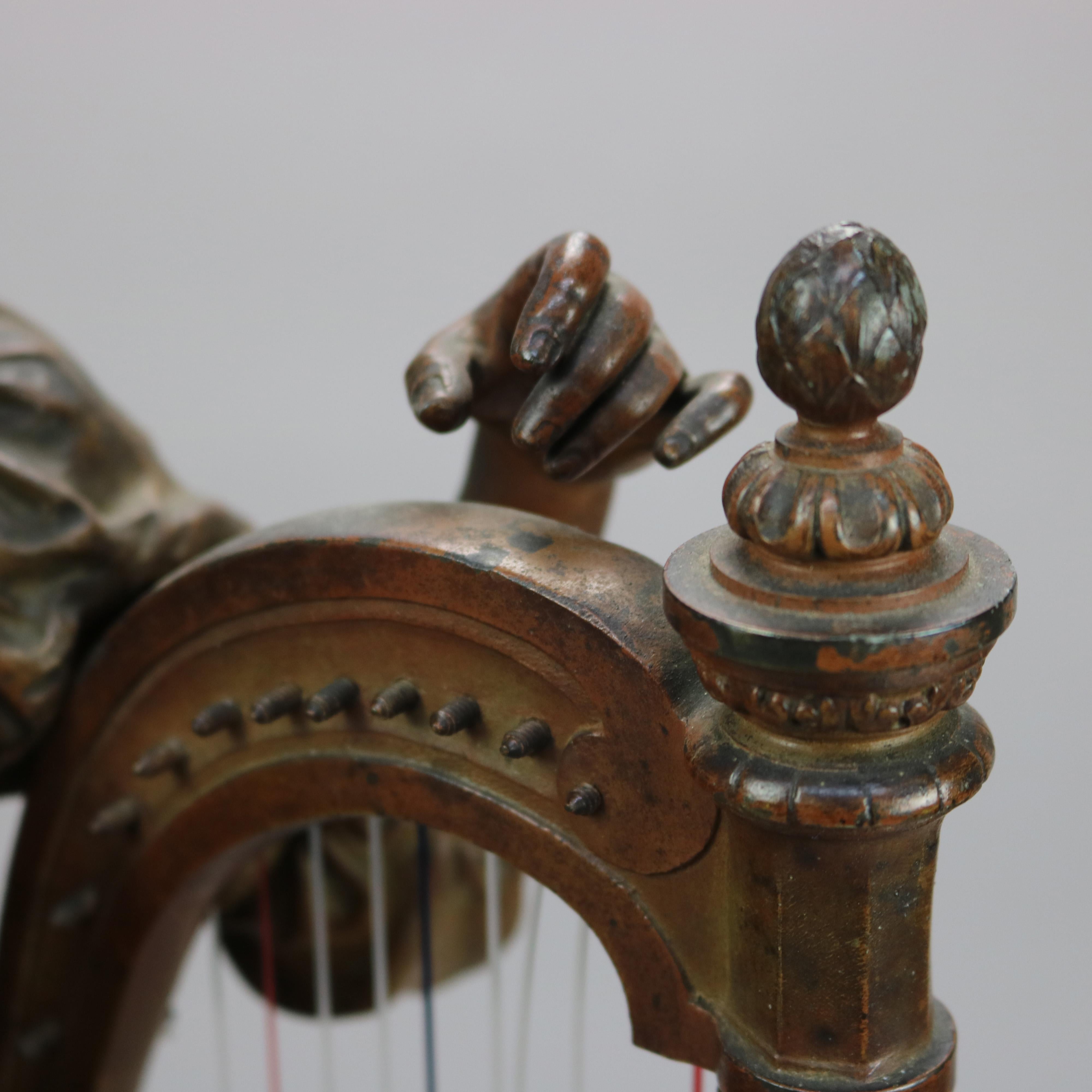 Antique Bronzed Metal Sculpture of Woman with a Harp, 19th C 4