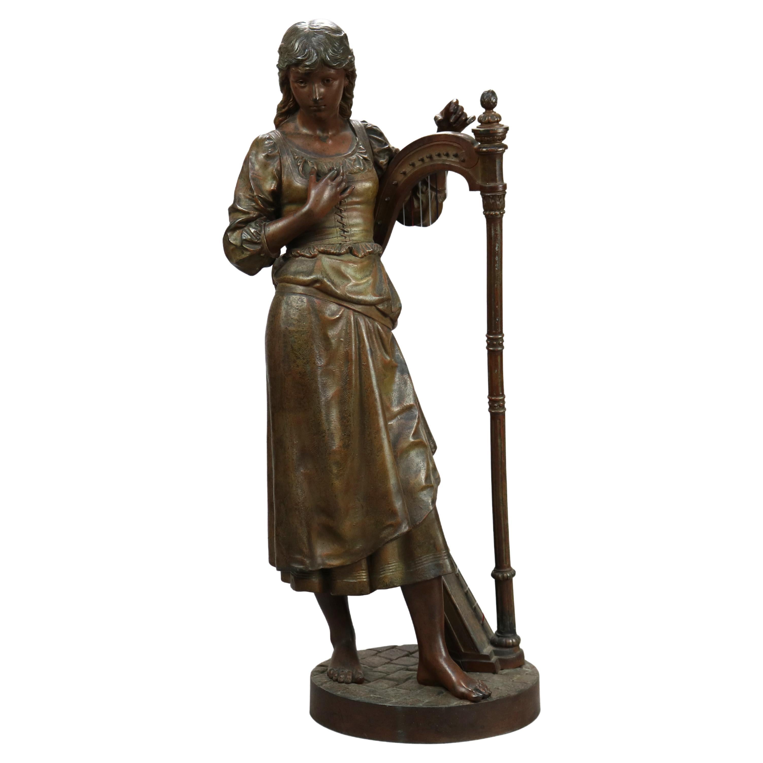 Antique Bronzed Metal Sculpture of Woman with a Harp, 19th C