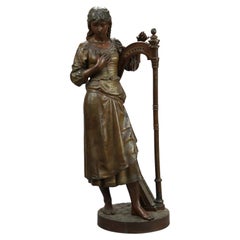 Antique Bronzed Metal Sculpture of Woman with a Harp, 19th C