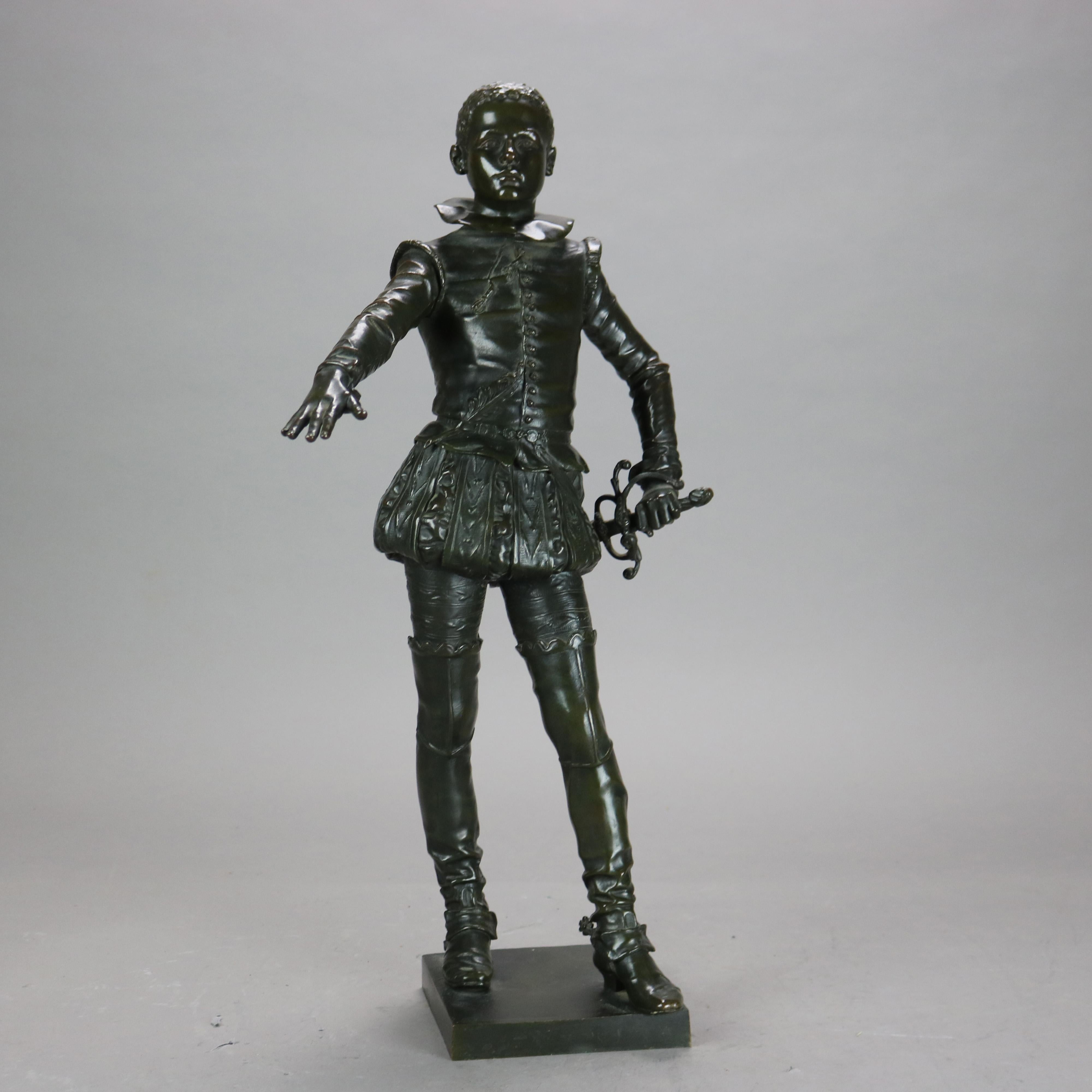 Sculpture ancienne en métal coulé bronzé représentant un jeune courtisan avec son épée, signée P. Rambaud et Paris, marque de la fonderie, 1900

Dimensions : 21,25 