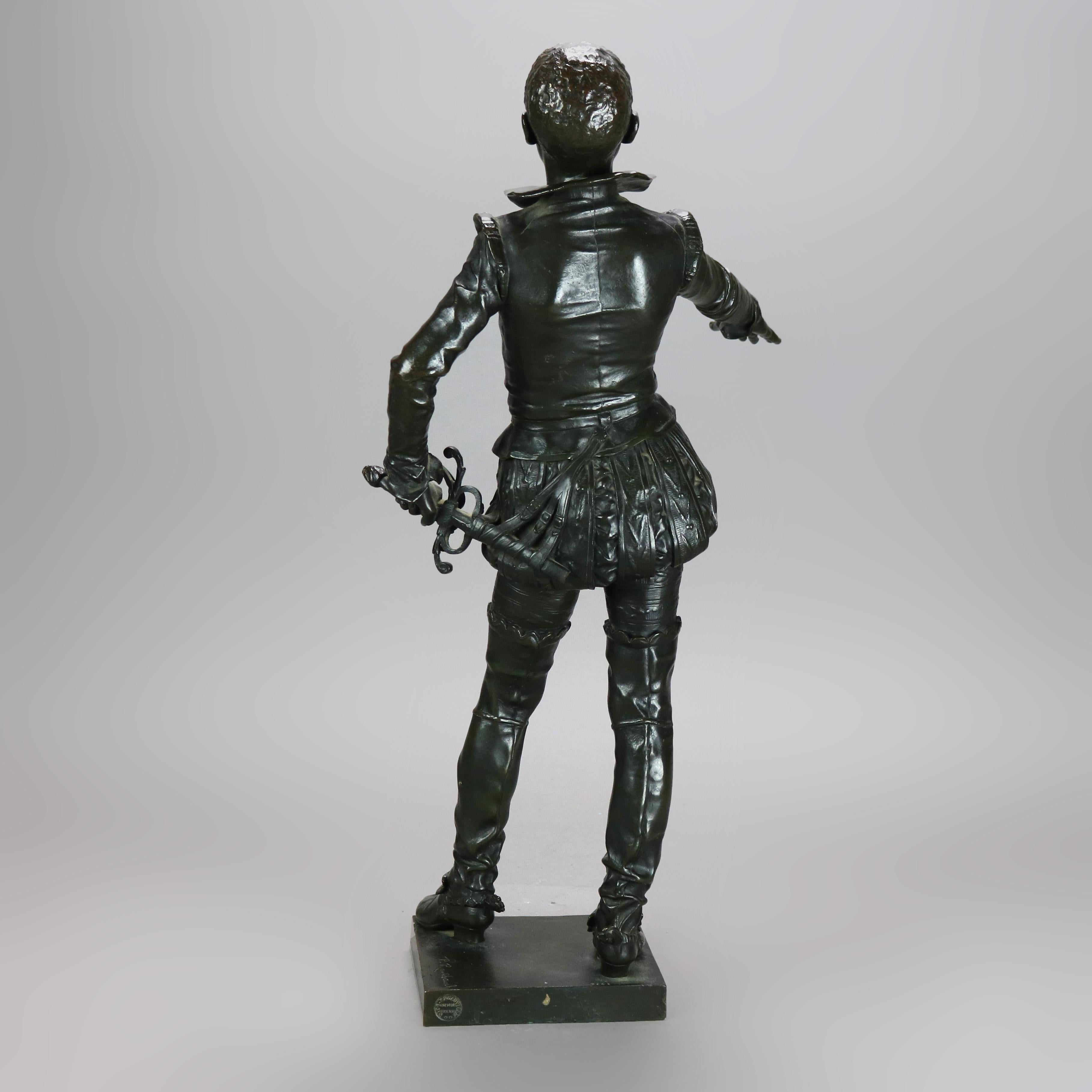 20ième siècle Sculpture ancienne en métal bronzé représentant un jeune courtisan brandissant une épée, signée Rambaud