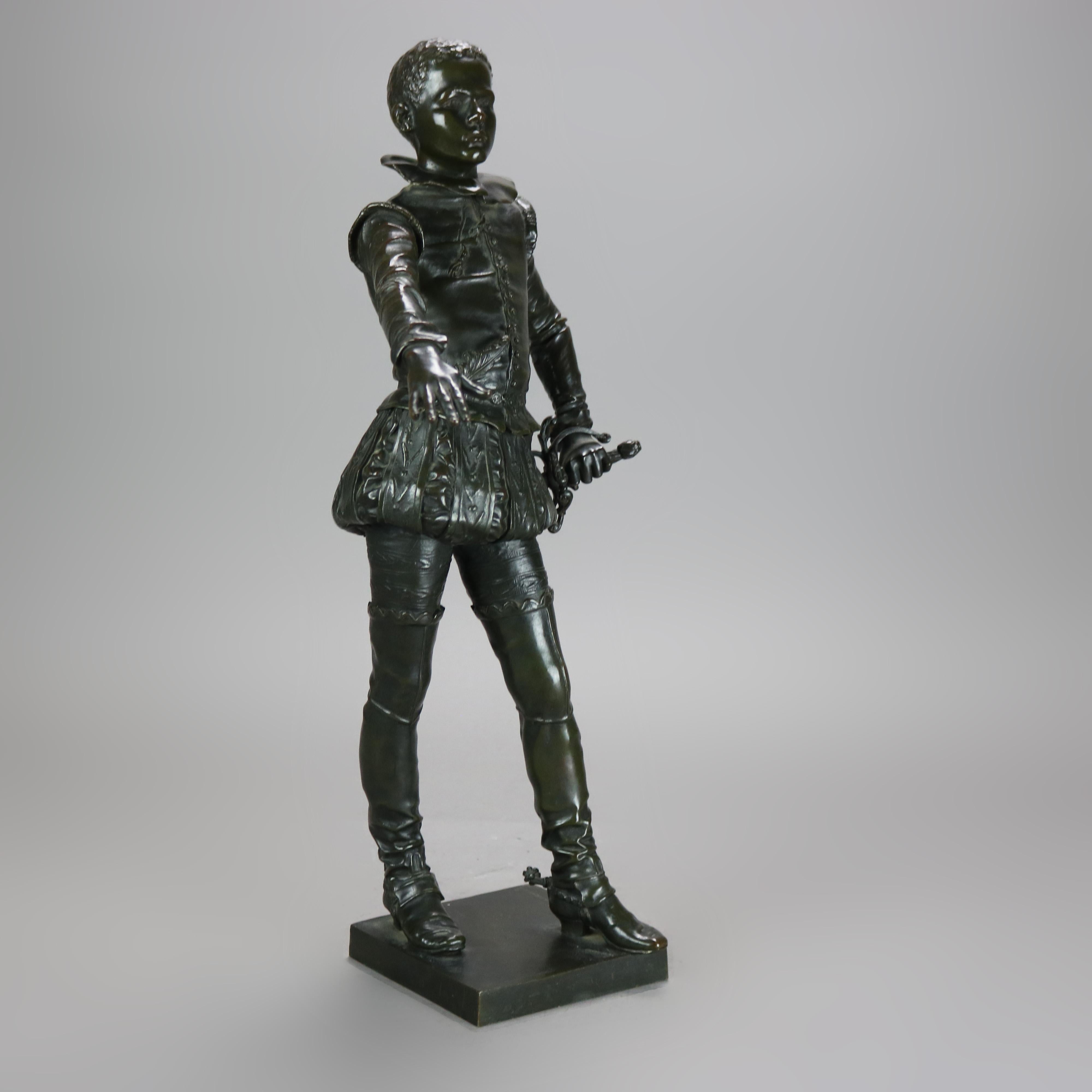Sculpture ancienne en métal bronzé représentant un jeune courtisan brandissant une épée, signée Rambaud 1