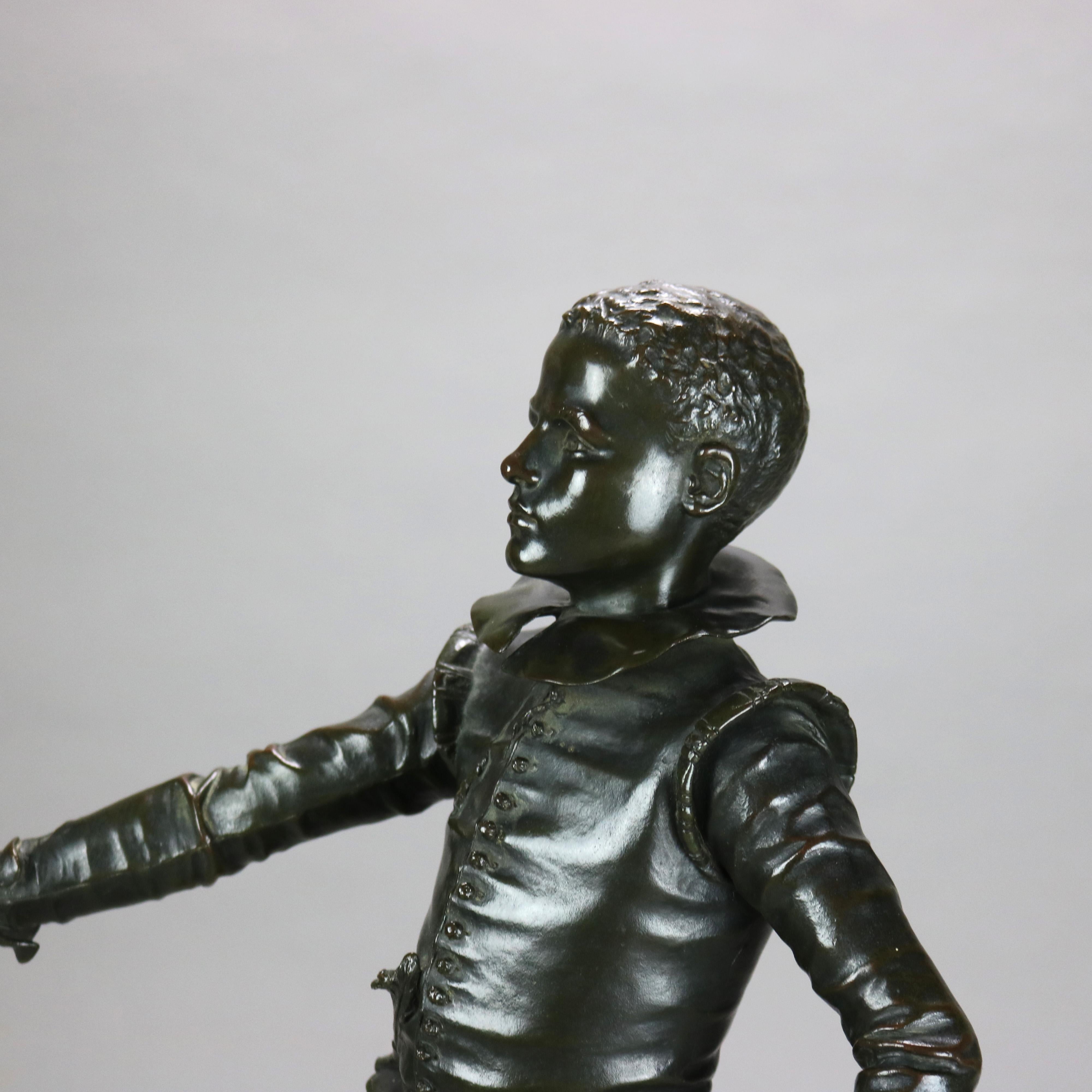 Sculpture ancienne en métal bronzé représentant un jeune courtisan brandissant une épée, signée Rambaud 4