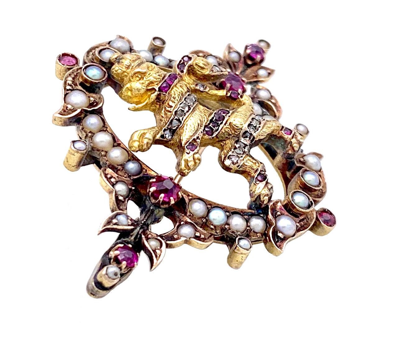 Mixed Cut Antique Brooch Bavarian Royal Lion 14 Karat Gold Diamonds Rubies Natural Pearls For Sale