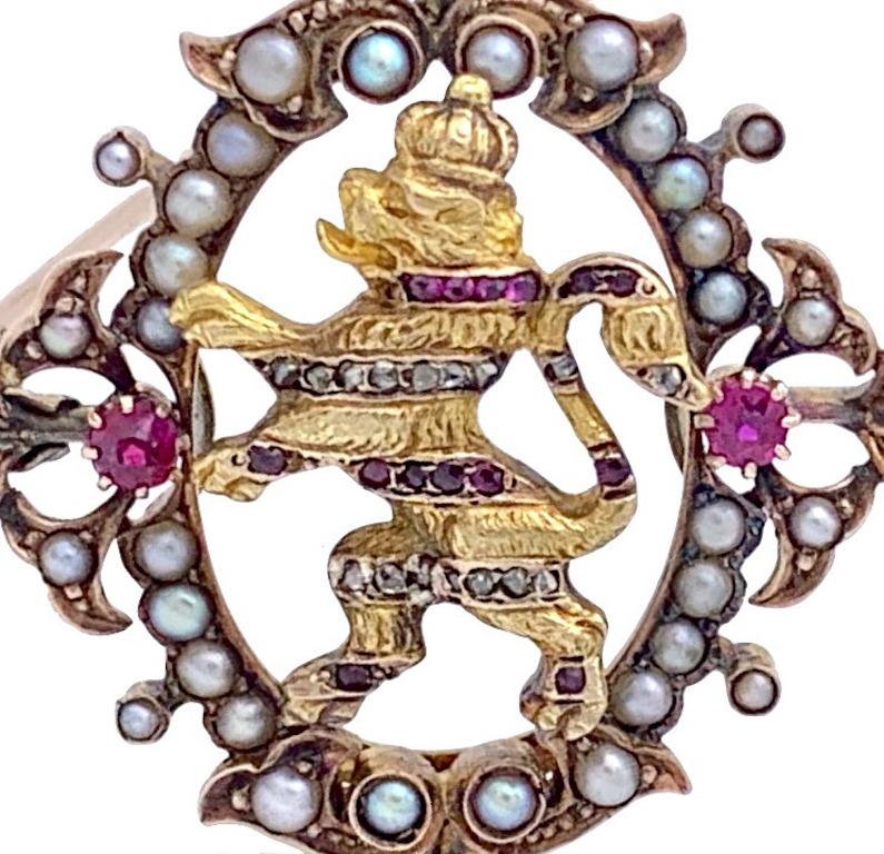 Women's or Men's Antique Brooch Bavarian Royal Lion 14 Karat Gold Diamonds Rubies Natural Pearls For Sale
