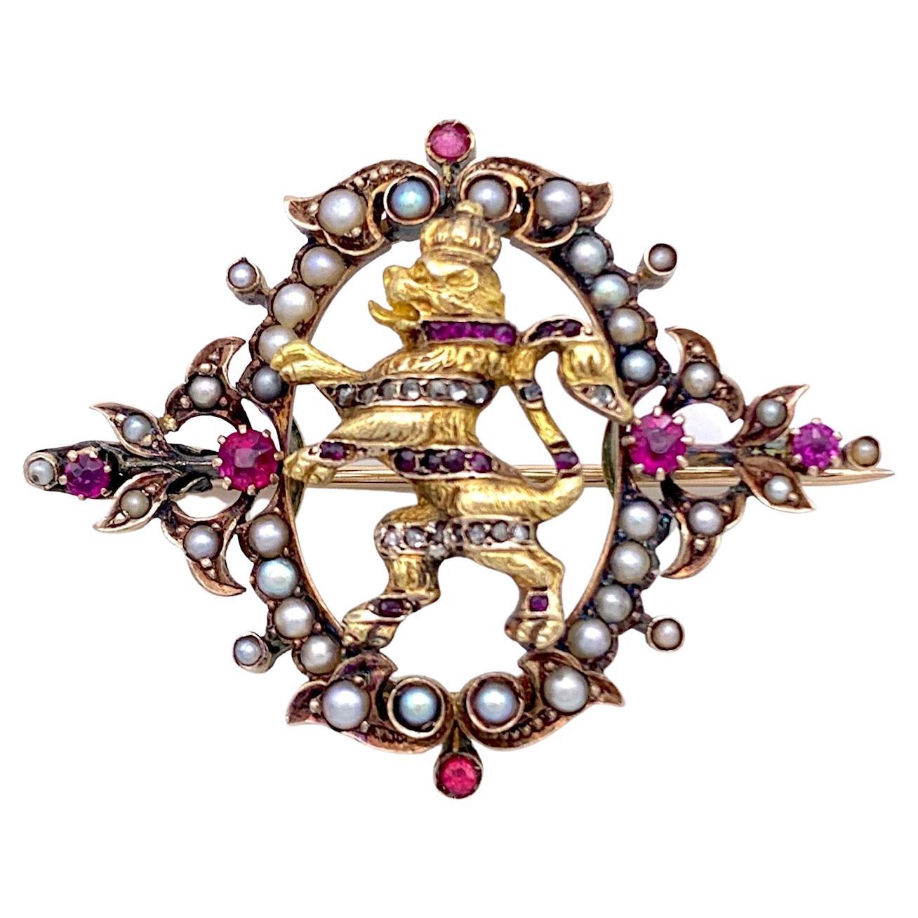 Antique Brooch Bavarian Royal Lion 14 Karat Gold Diamonds Rubies Natural Pearls For Sale