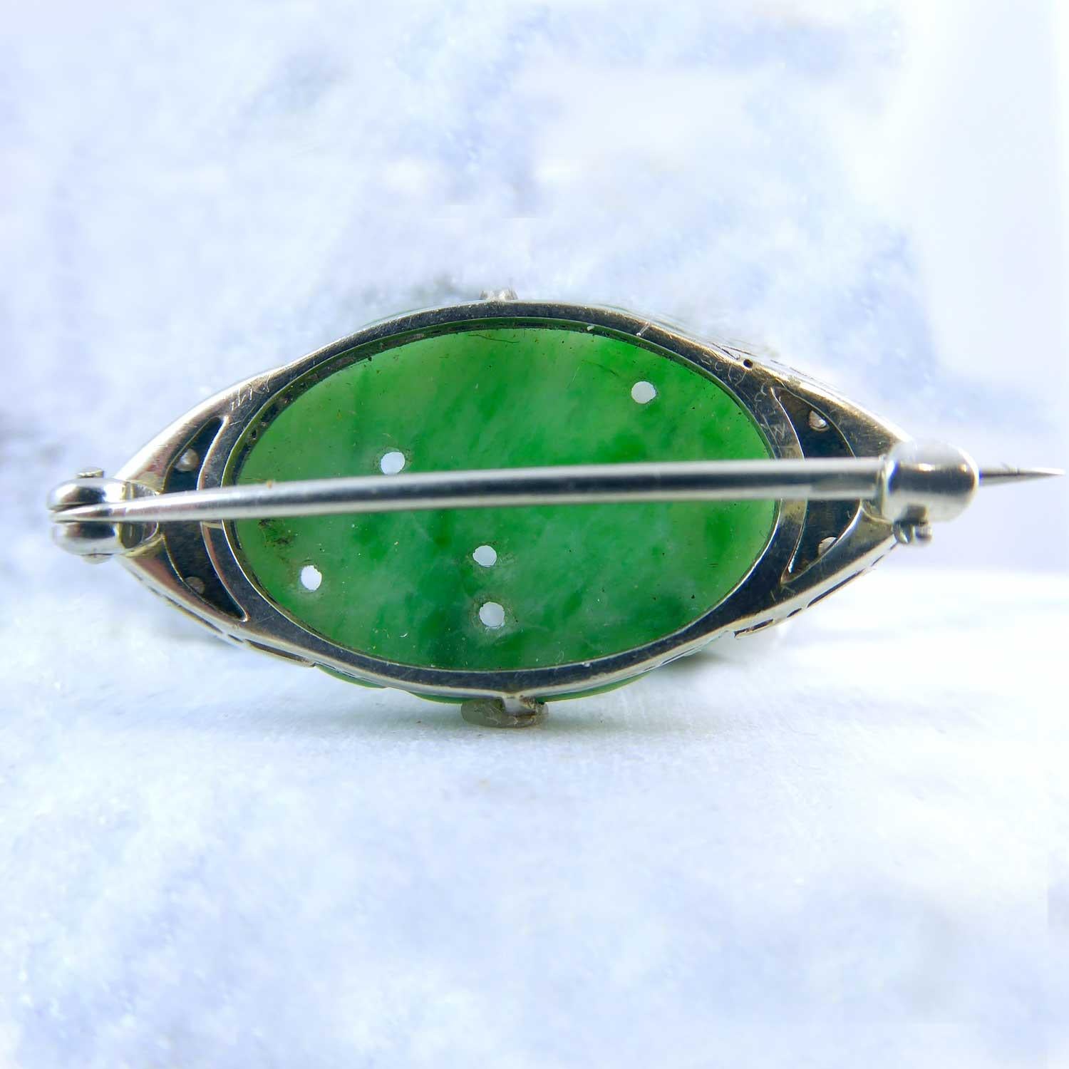 Antique Brooch Carved Jadeite and Old Cut Diamonds, Midcentury Art Deco Style 1