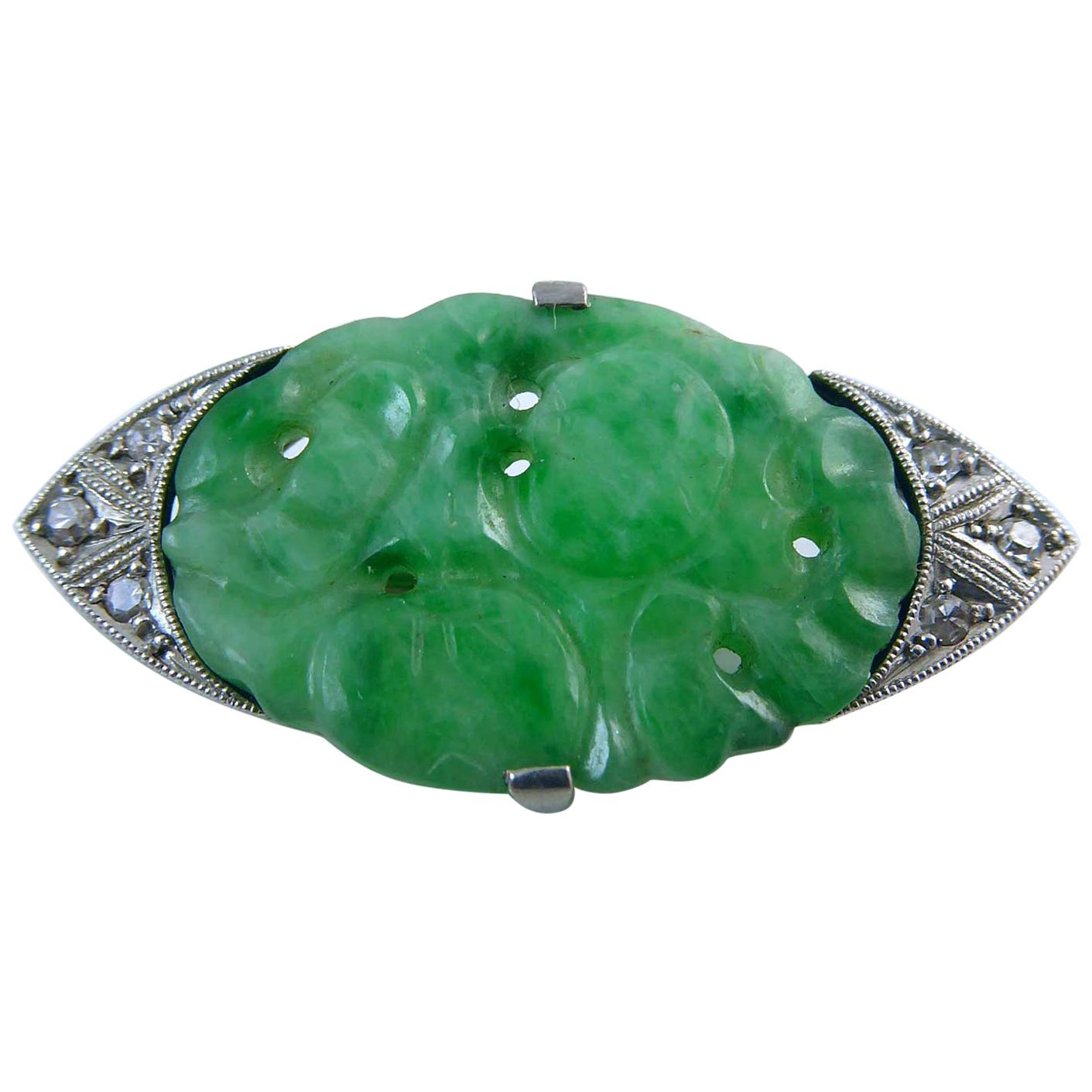 Antique Brooch Carved Jadeite and Old Cut Diamonds, Midcentury Art Deco