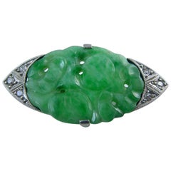 Antique Brooch Carved Jadeite and Old Cut Diamonds, Midcentury Art Deco Style