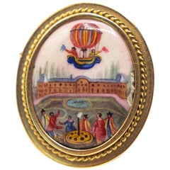 Antique 14k historical brooch, enamel french hot air balloons.