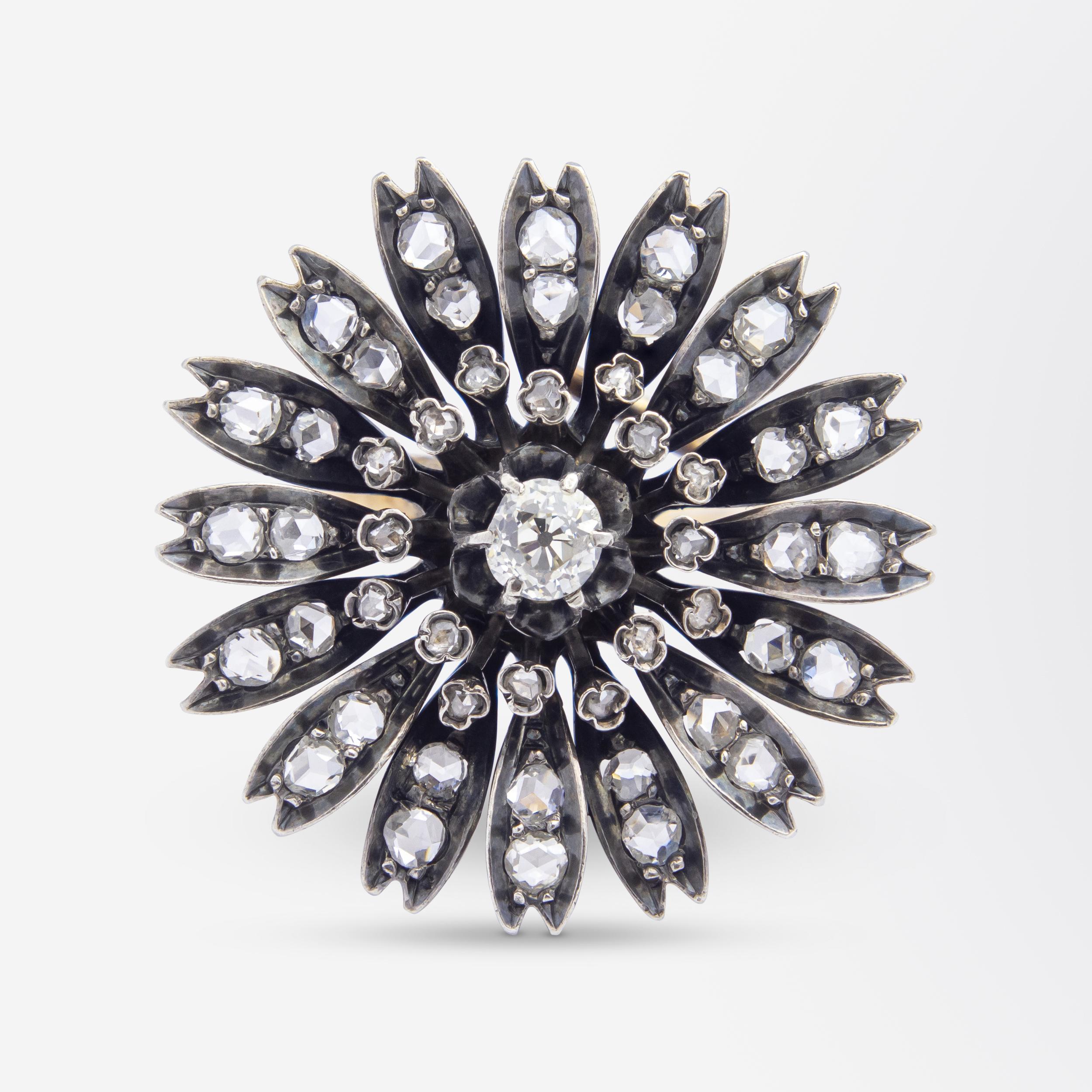 Old Mine Cut Antique Brooch Conversion Diamond Daisy Ring For Sale
