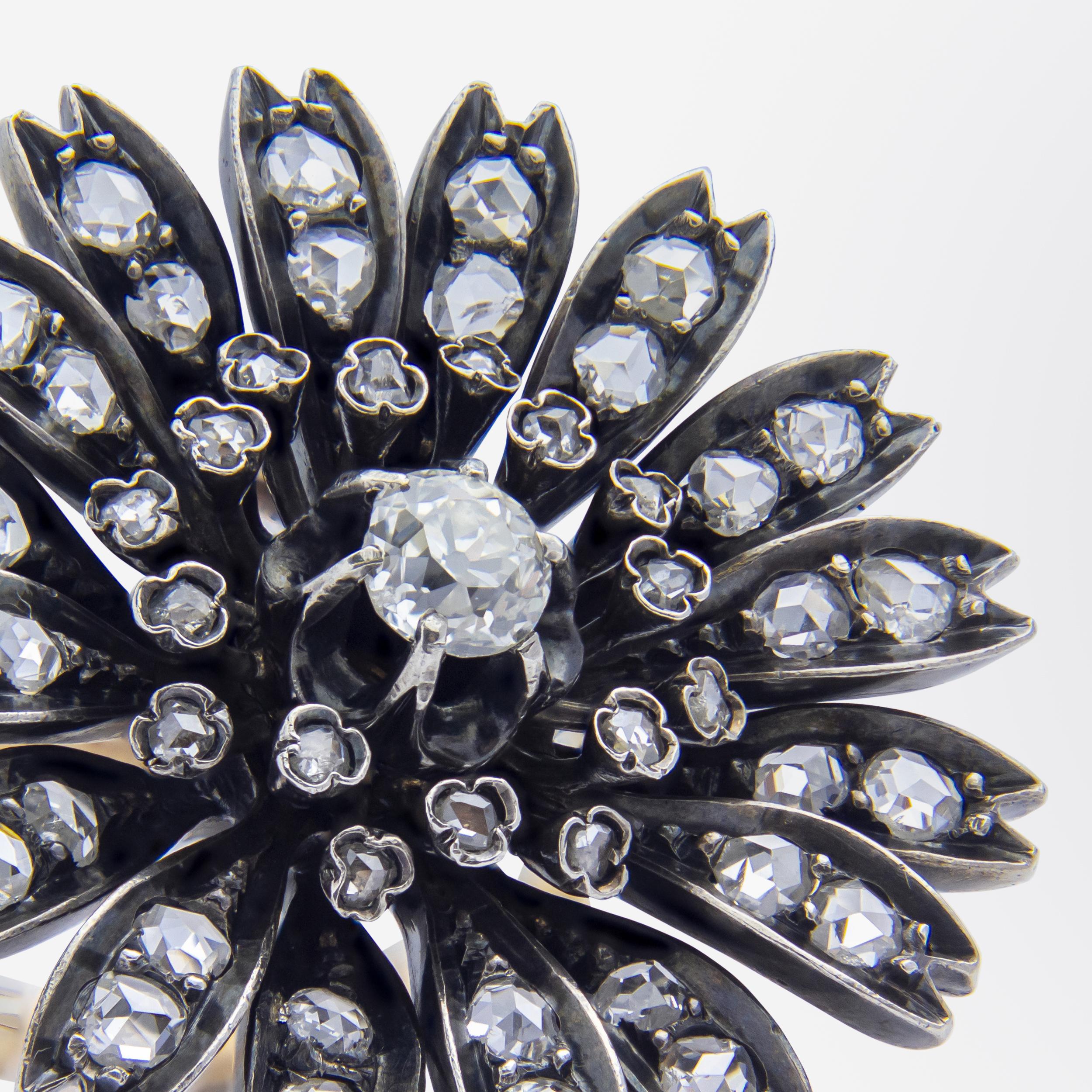 Antique Brooch Conversion Diamond Daisy Ring For Sale 1