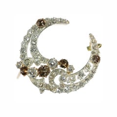 Antique Brooch Crescent Moon with Natural Fancy Color Diamonds