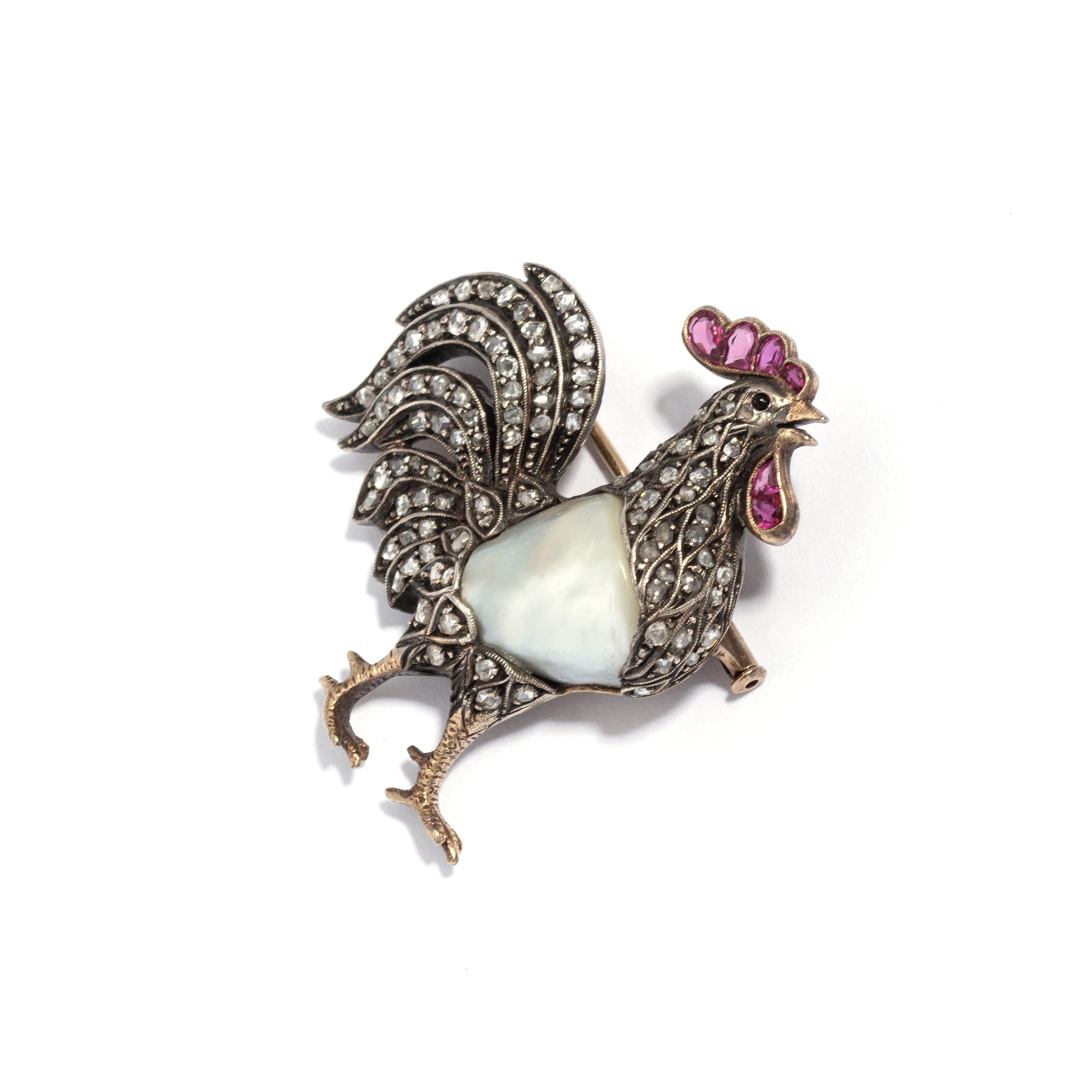 Aesthetic Movement Antique Brooch Diamond Pearl and Ruby