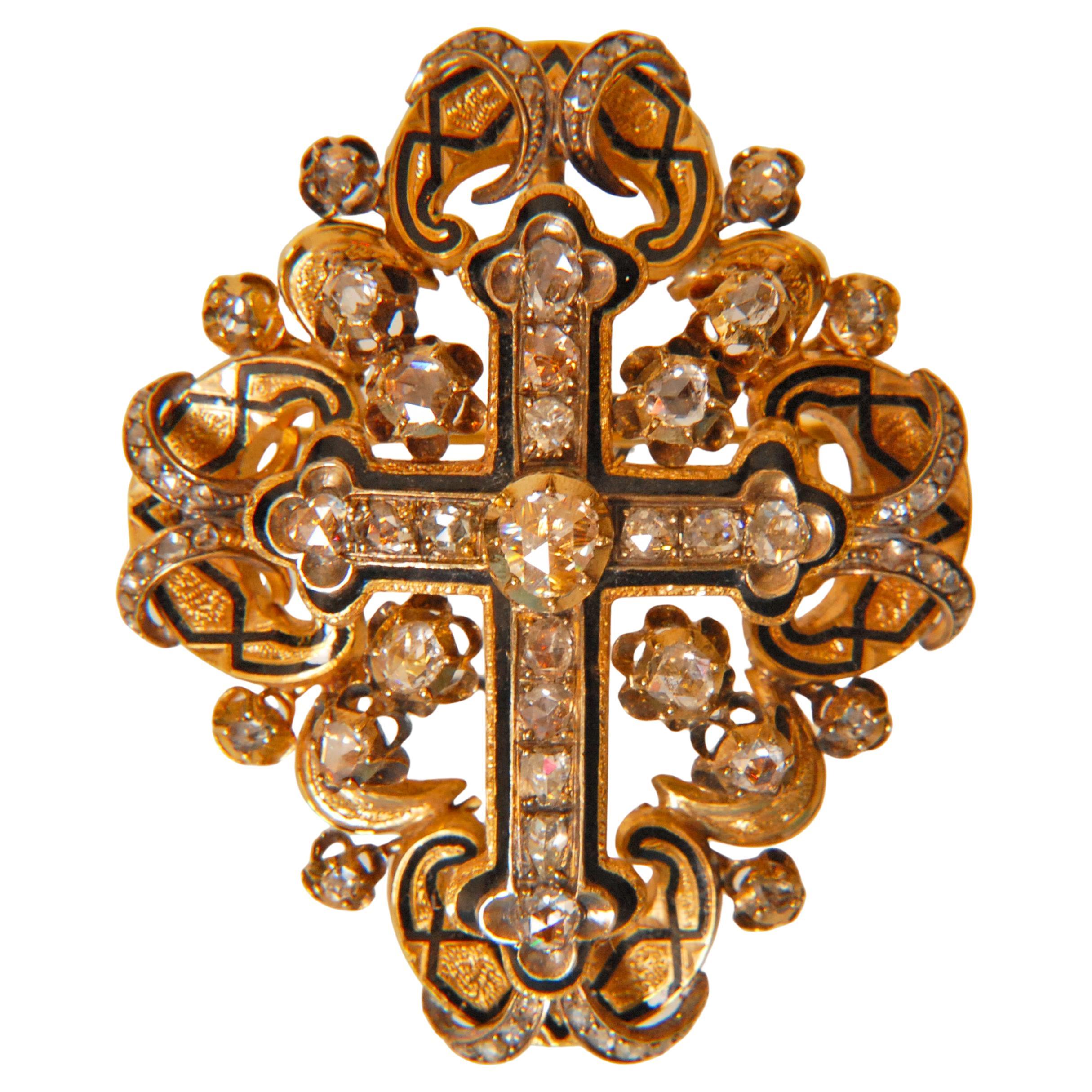 Antique Diamond Brooch Gold Enamel Renaissance Revival Rose Cut Diamonds Cross For Sale