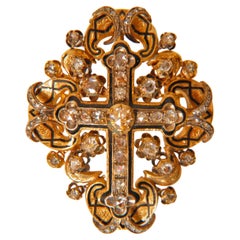 Antique Diamond Brooch Gold Enamel Renaissance Revival Rose Cut Diamonds Cross