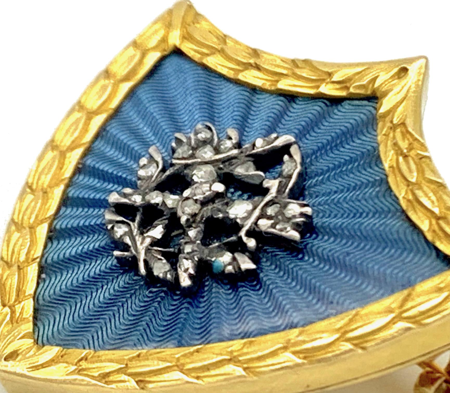Women's or Men's Antique Brooch Diamonds Guilloché Enamel Eros Amor's Torches Love Token   For Sale