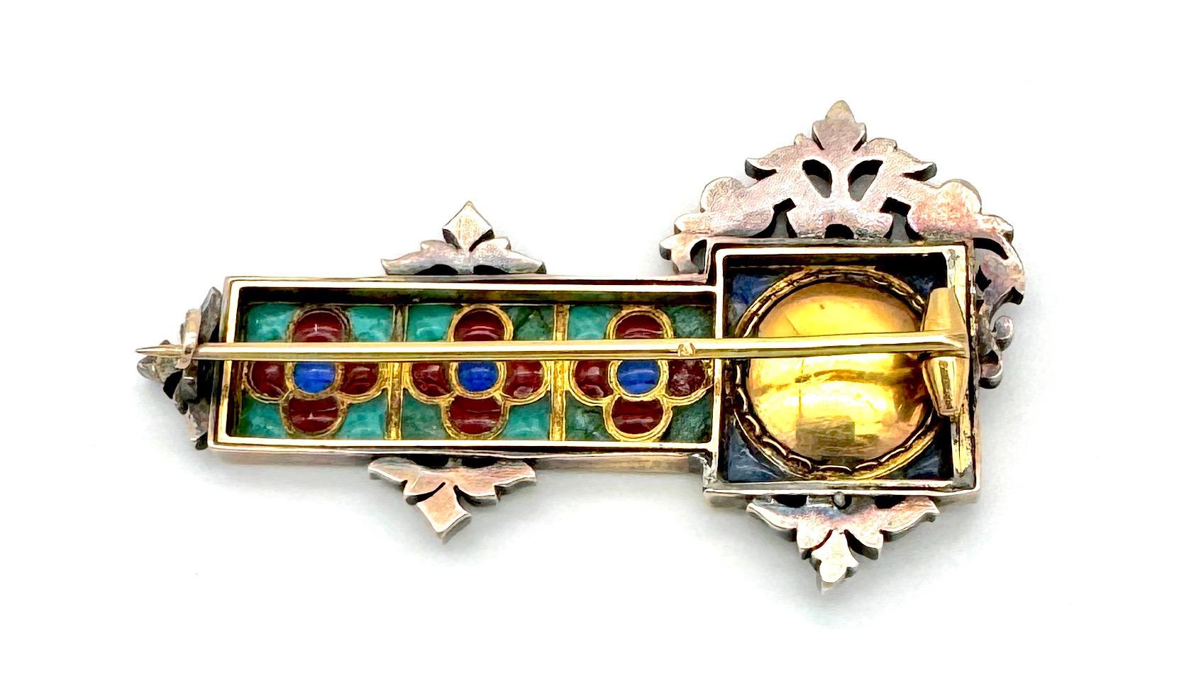 Broche Antiguo Esmalte Retrato Dama Noble Renacimiento Gótico Diamante Oro Plata Renacimiento gótico en venta