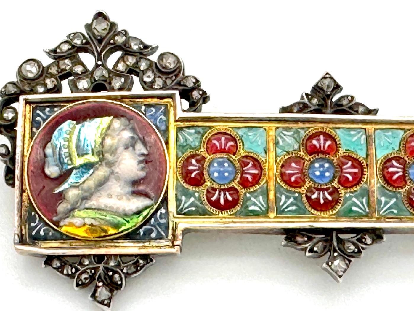 Broche Antiguo Esmalte Retrato Dama Noble Renacimiento Gótico Diamante Oro Plata Corte rosa en venta