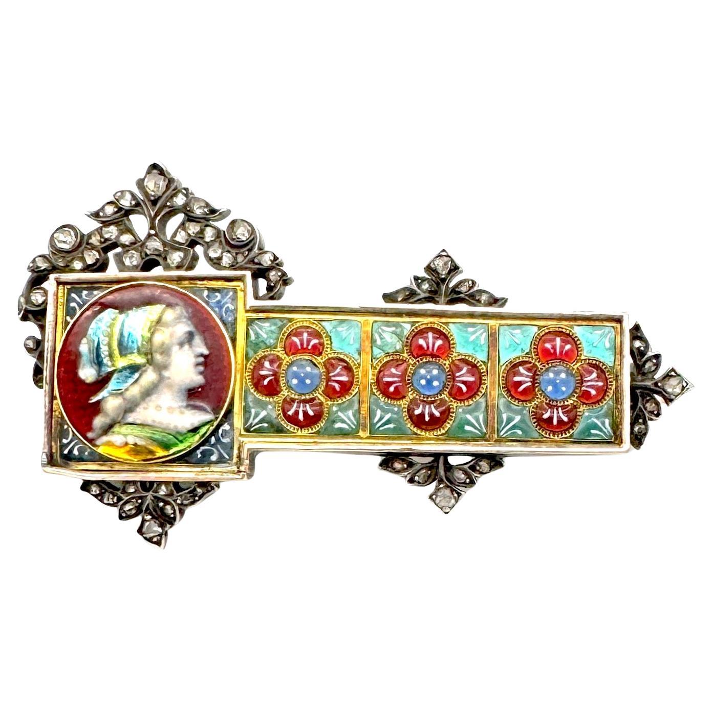 Broche Antiguo Esmalte Retrato Dama Noble Renacimiento Gótico Diamante Oro Plata en venta