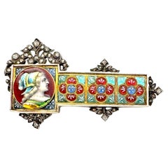 Antique Brooch Enamel Portrait Noble Lady Gothic Revival Diamond Gold Silver