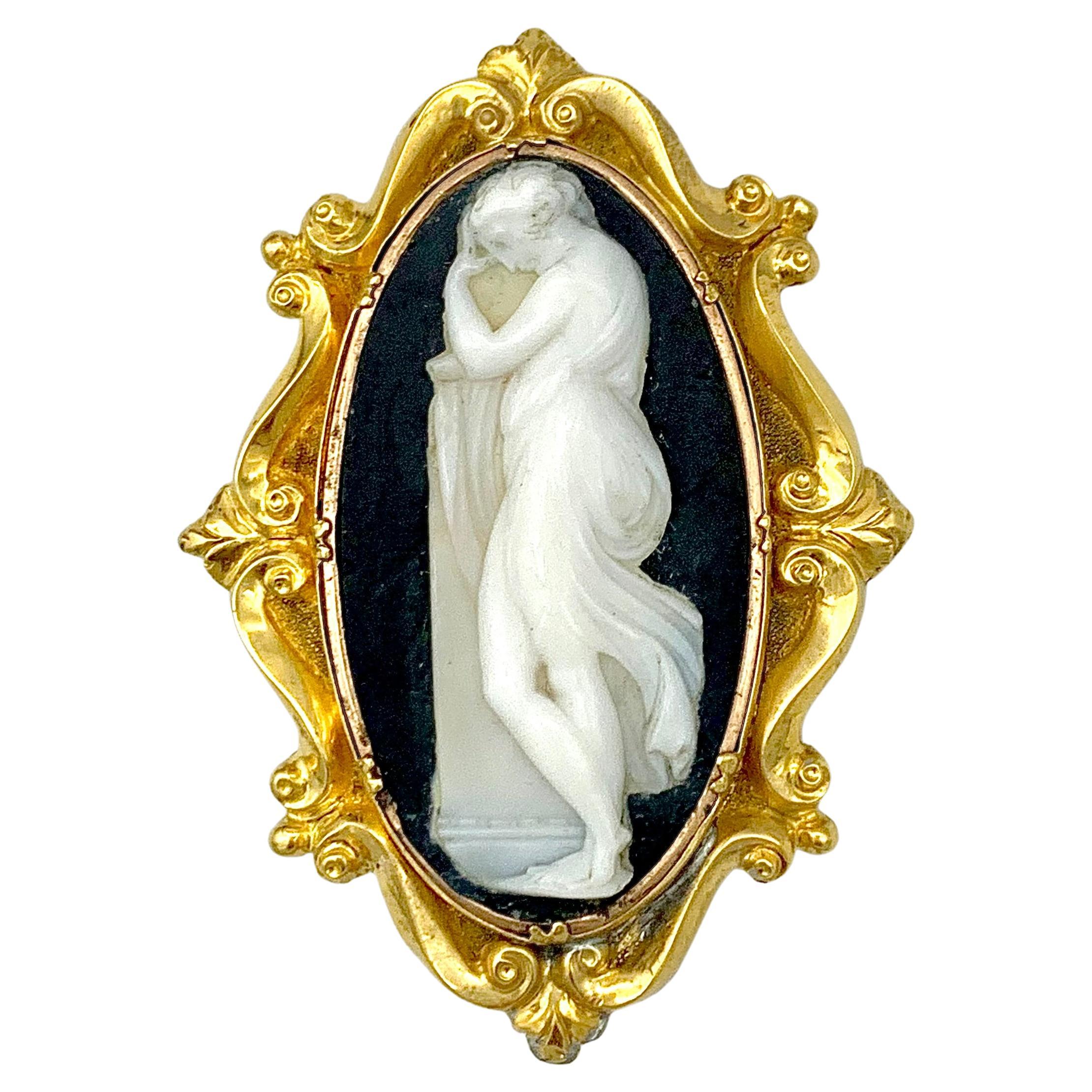 Antique Brooch Female in Antique Manner Cameo White Sard on Basalt