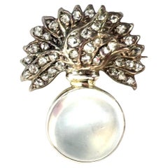 Antique Brooch Grenade Moonstone Cabochon Diamonds Platinum Yellow Gold