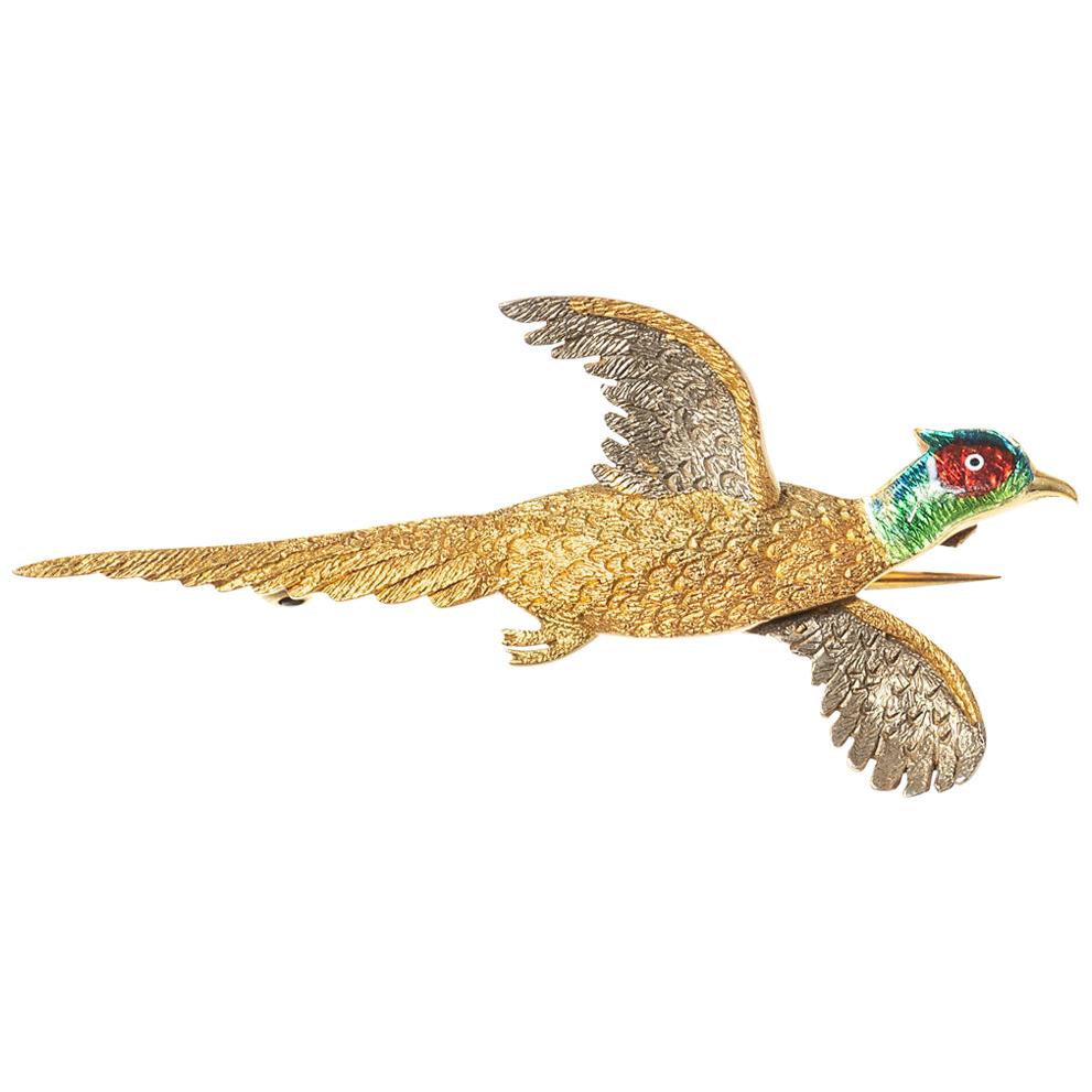 Antique Brooch of Cock Pheasant in Flight in Gold and Enamel, English circa 1920 For Sale