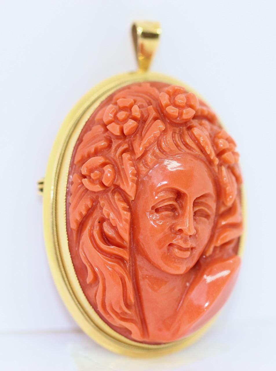 Oval Cut Antique Brooch or Pendant, Coral Cameo, 18 Karat Gold, Female Portrait For Sale