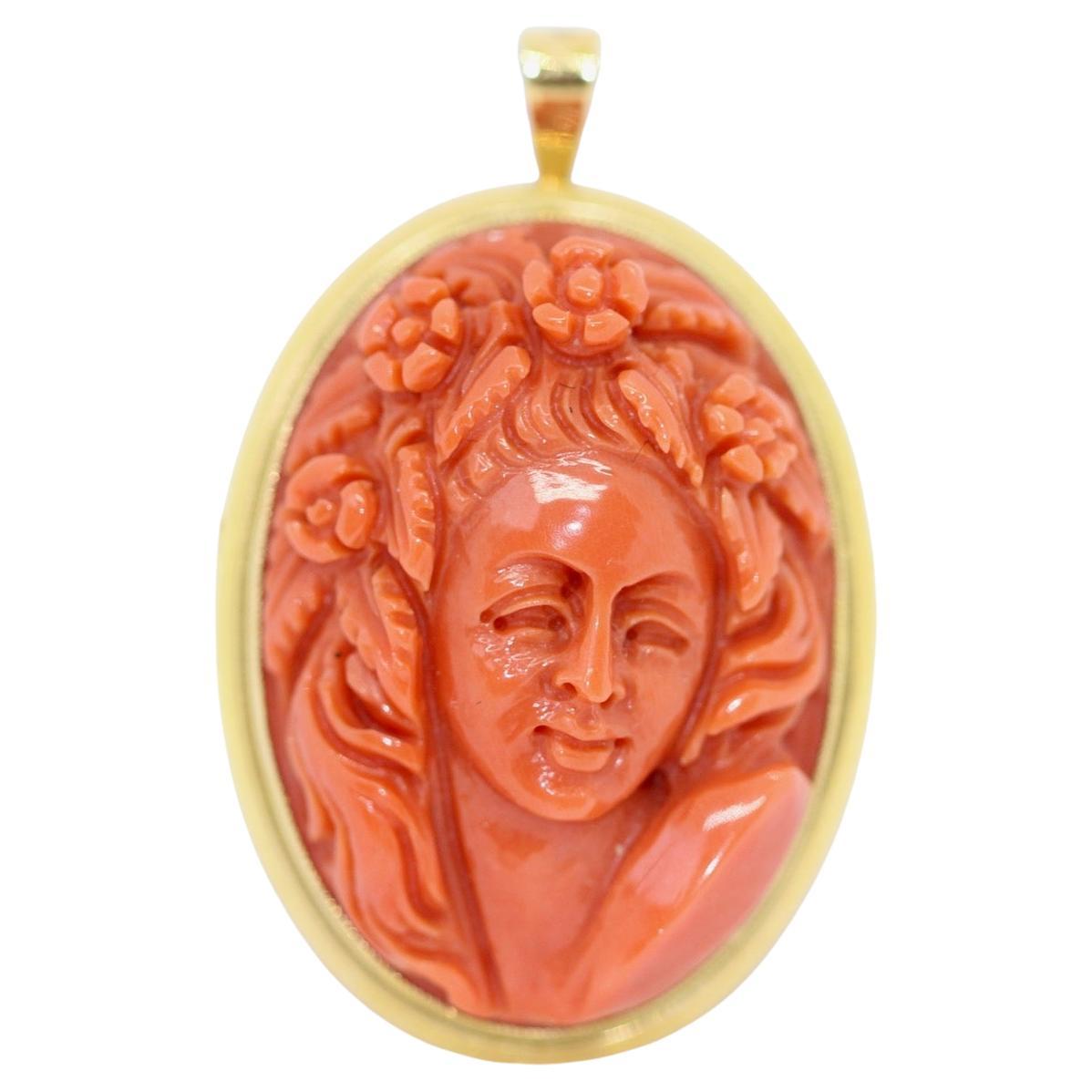 Antique Brooch or Pendant, Coral Cameo, 18 Karat Gold, Female Portrait For Sale