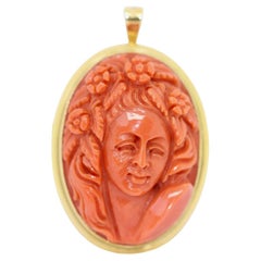 Antique Brooch or Pendant, Coral Cameo, 18 Karat Gold, Female Portrait