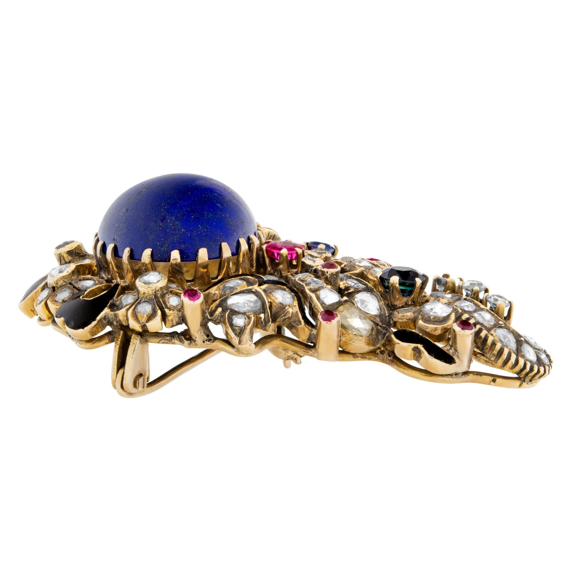 Art Nouveau Antique Brooch with Cabochon Lapis Lazuli Center and Rose & Diamonds For Sale