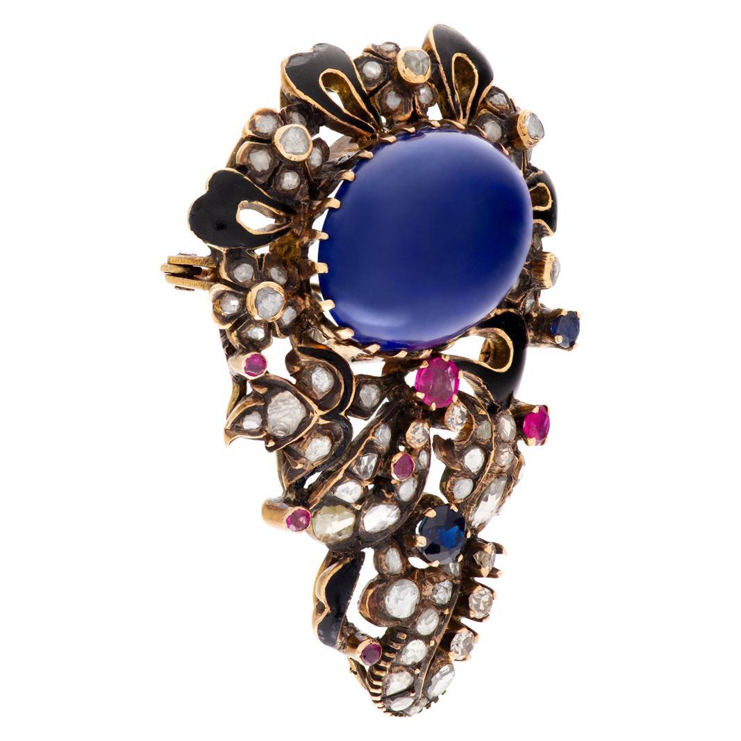 Antique Brooch with Cabochon Lapis Lazuli Center and Rose & Diamonds In Excellent Condition For Sale In Surfside, FL