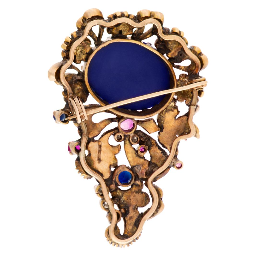 Women's Antique Brooch with Cabochon Lapis Lazuli Center and Rose & Diamonds For Sale