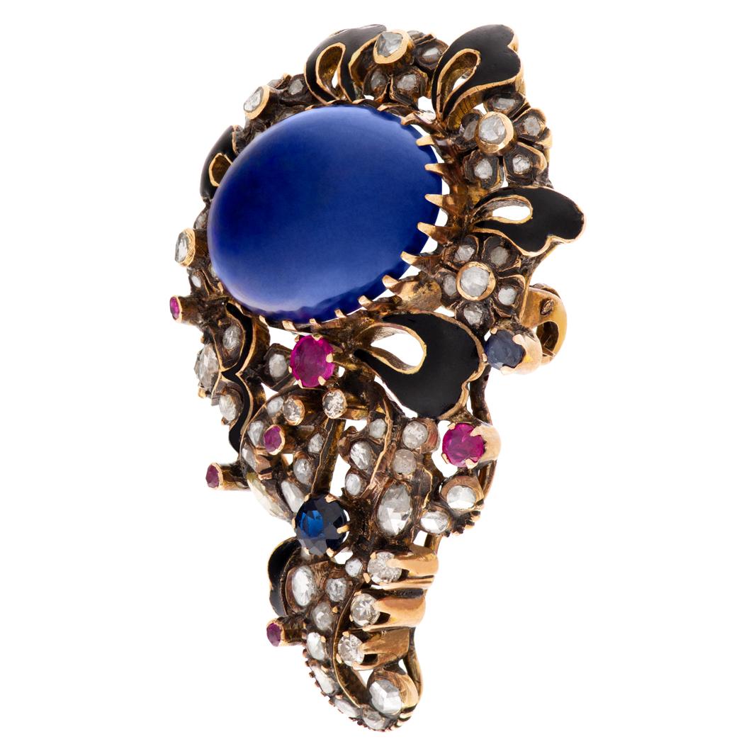 Antique Brooch with Cabochon Lapis Lazuli Center and Rose & Diamonds For Sale 2