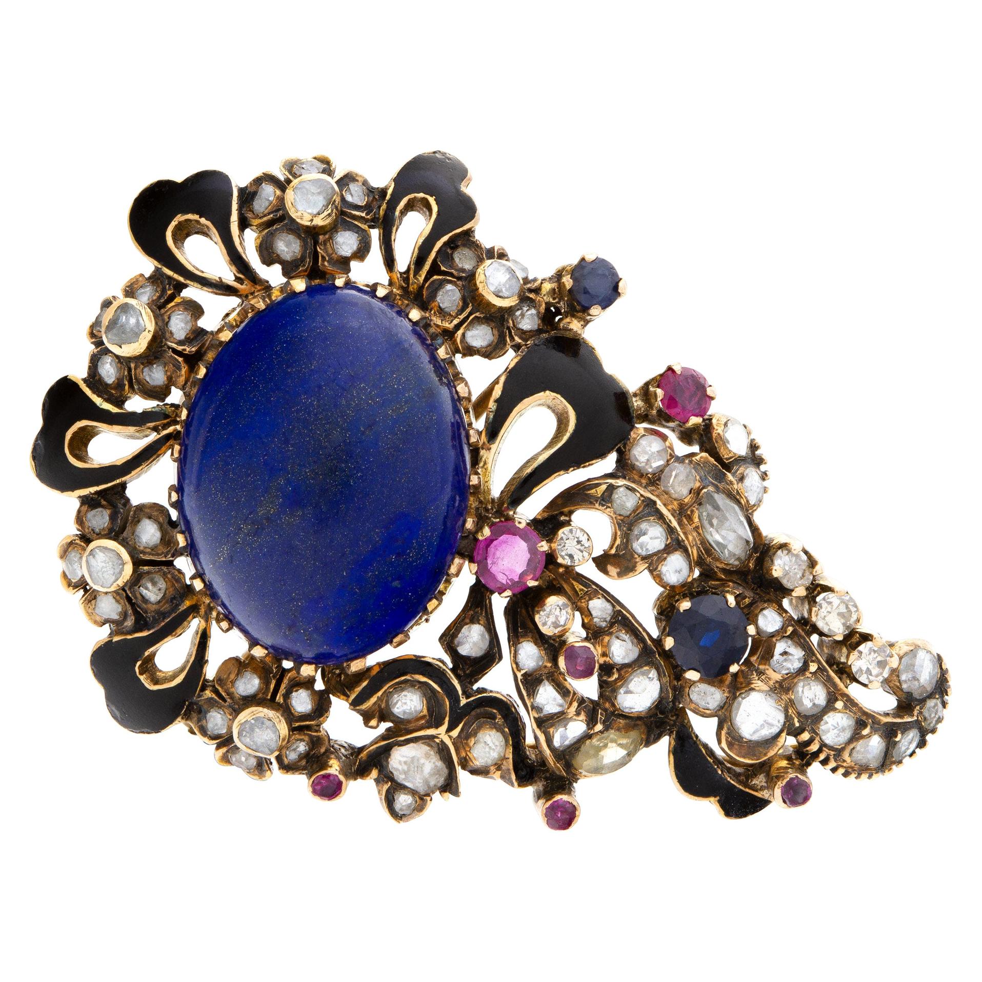 Antique Brooch with Cabochon Lapis Lazuli Center and Rose & Diamonds For Sale