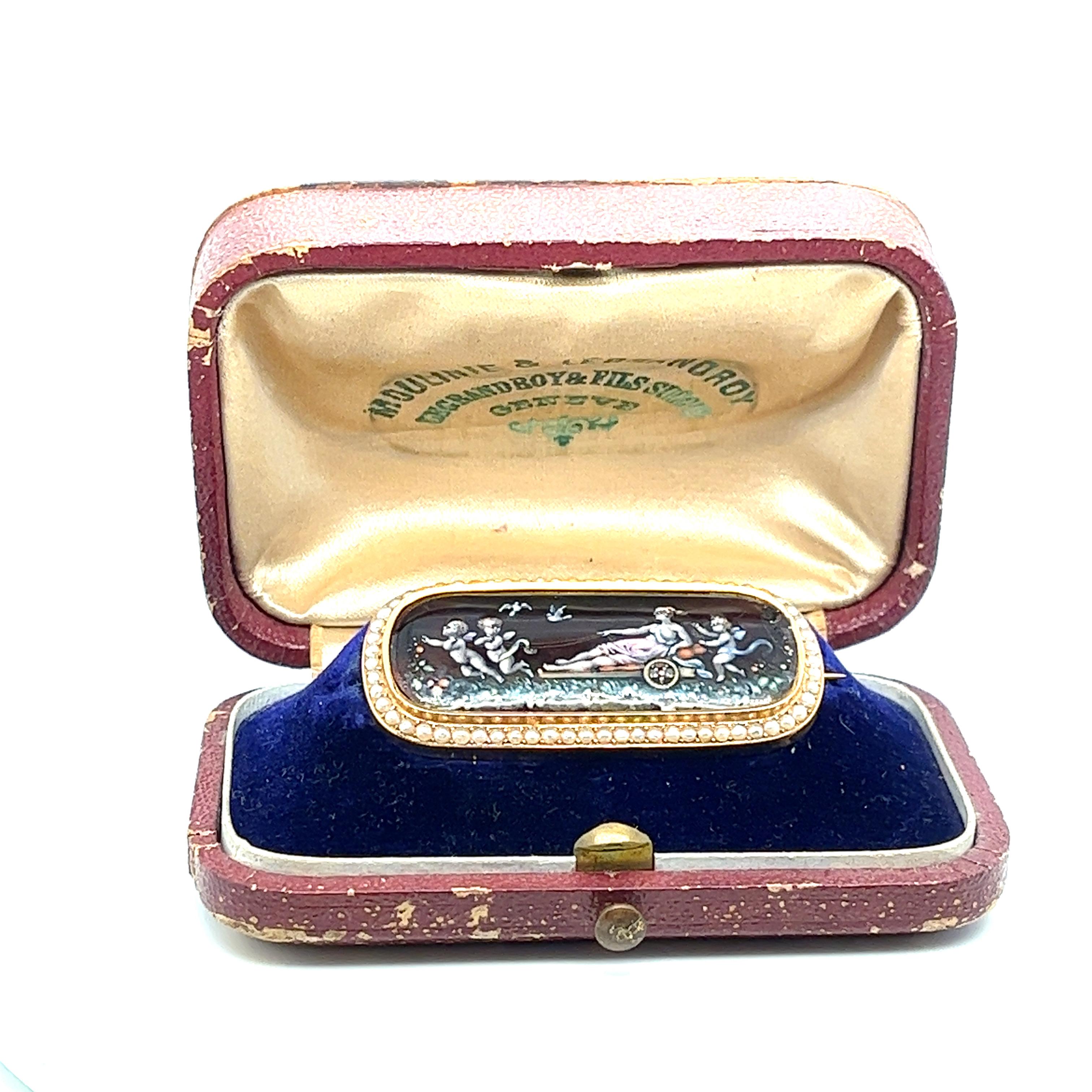 Antique Circa 1850 14K Gold Brooch with Enamel Painting - Triumph of Love - Moulinie & Legrandroy, Geneve

Description:

Overview:
Discover a true Victorian treasure with this circa 1850 14K gold brooch, featuring a captivating enamel painting