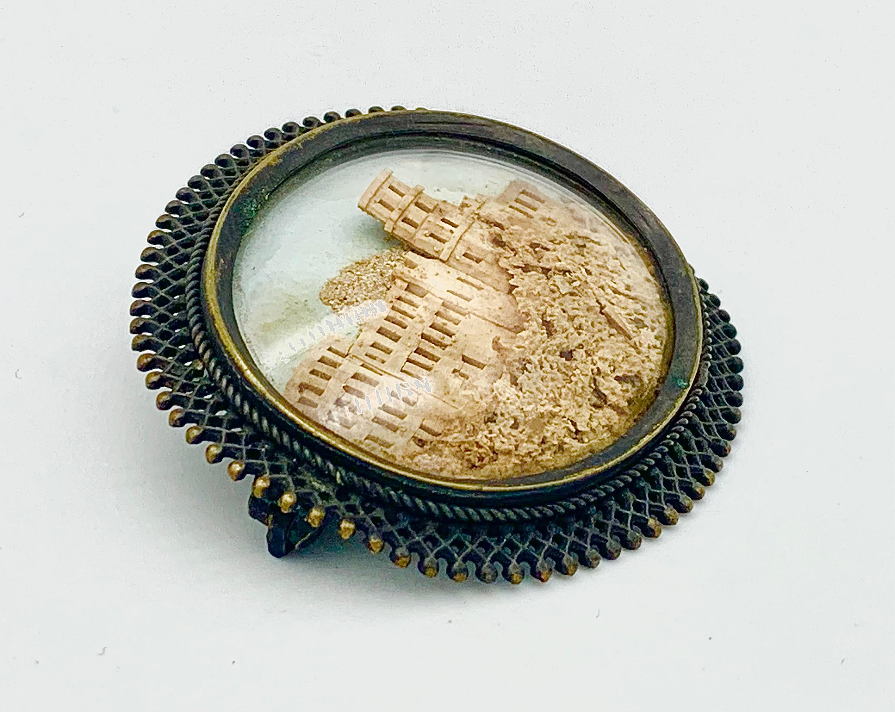 Antique Brooch with Miniature Carved Cork Diorama Metall Kork Paper In Good Condition For Sale In Munich, Bavaria